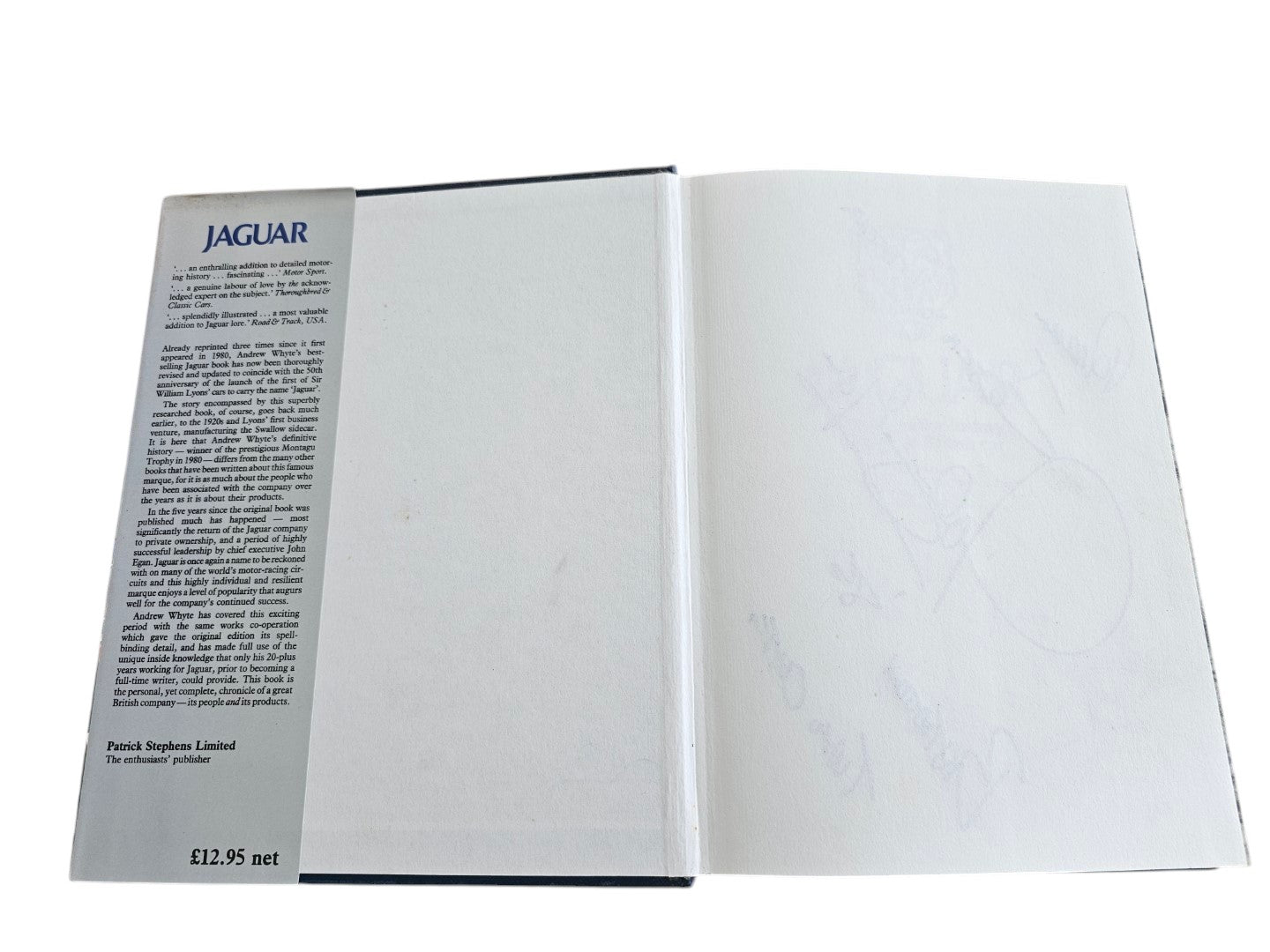 Automoto Bookshop signed copy of Jaguar The Definitive History by Andrew Whyte, hardbound automotive reference book.