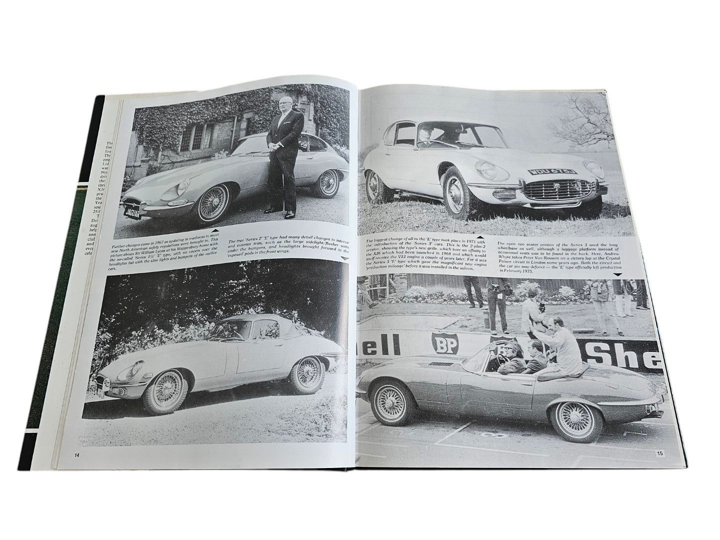 Open year book spread with four black-and-white classic car photos and captions