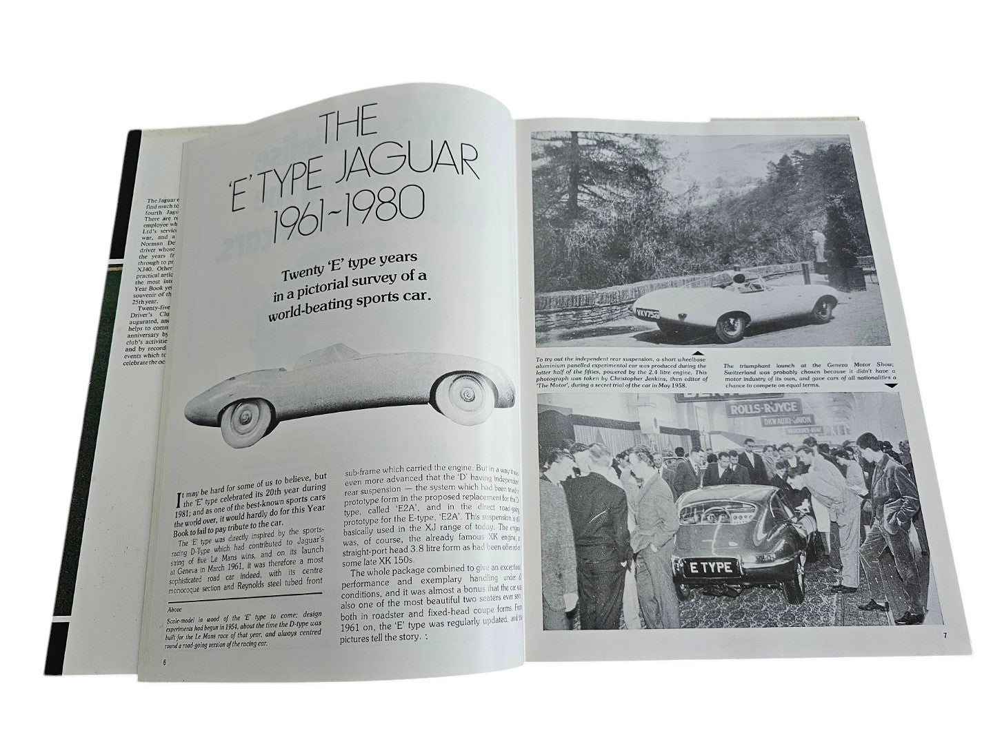 Open year book spread with article heading and black-and-white car photos