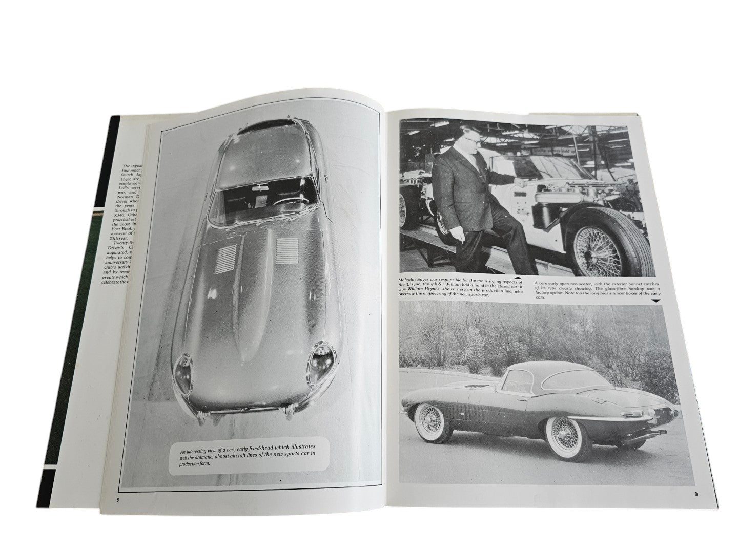 Open year book spread with car drawing on left and black-and-white photos on right