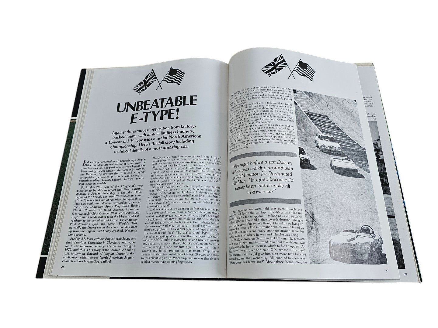 Jaguar year book (1980–81) open to “Unbeatable E-Type!” article with car photos