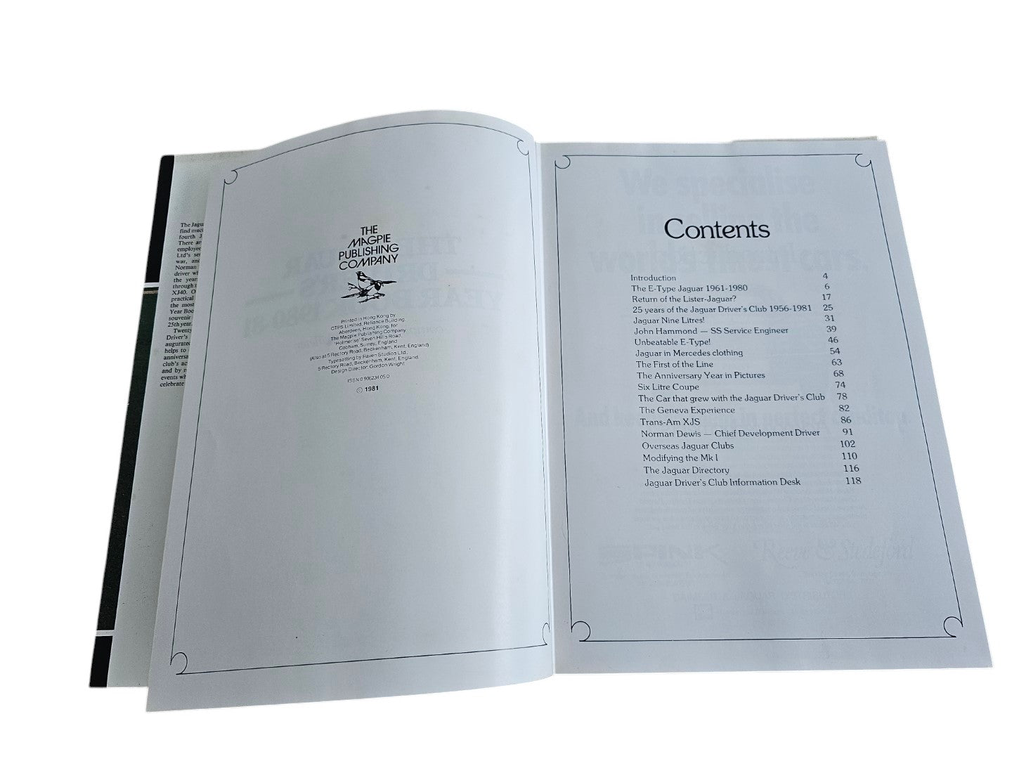 Open year book with Contents heading on right page and small text on left