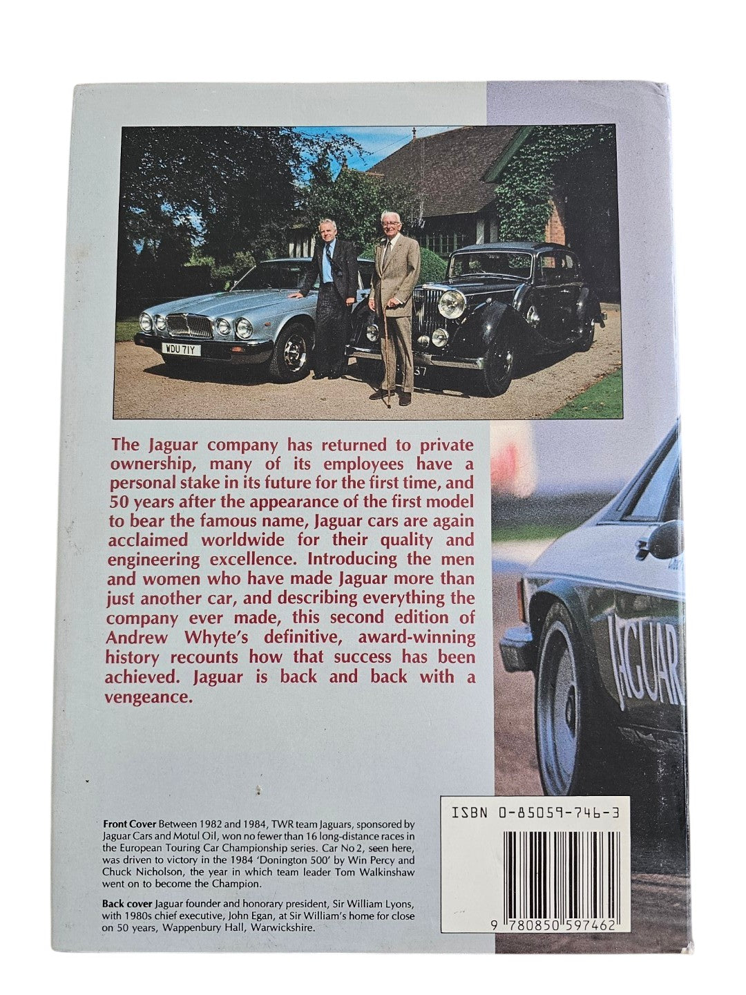 Back cover of Automoto Bookshop Jaguar The Definitive History book featuring Sir William Lyons and John Egan.