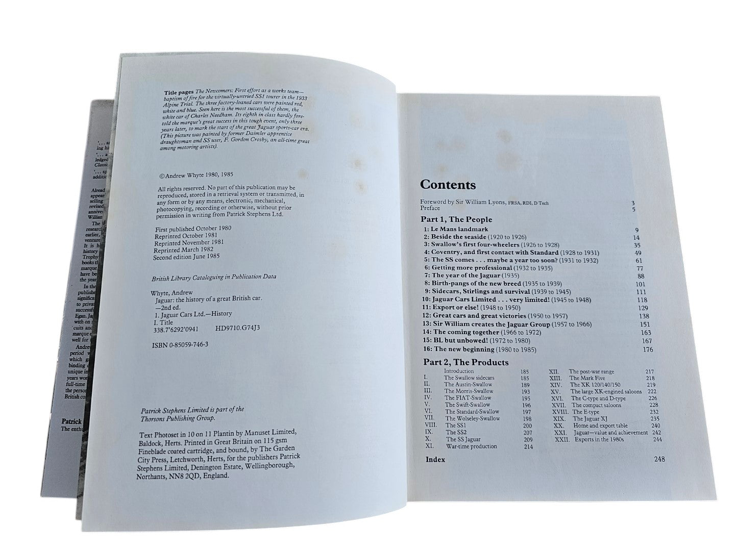 Automoto Bookshop Jaguar The Definitive History book contents page showing chapters on Jaguar car history