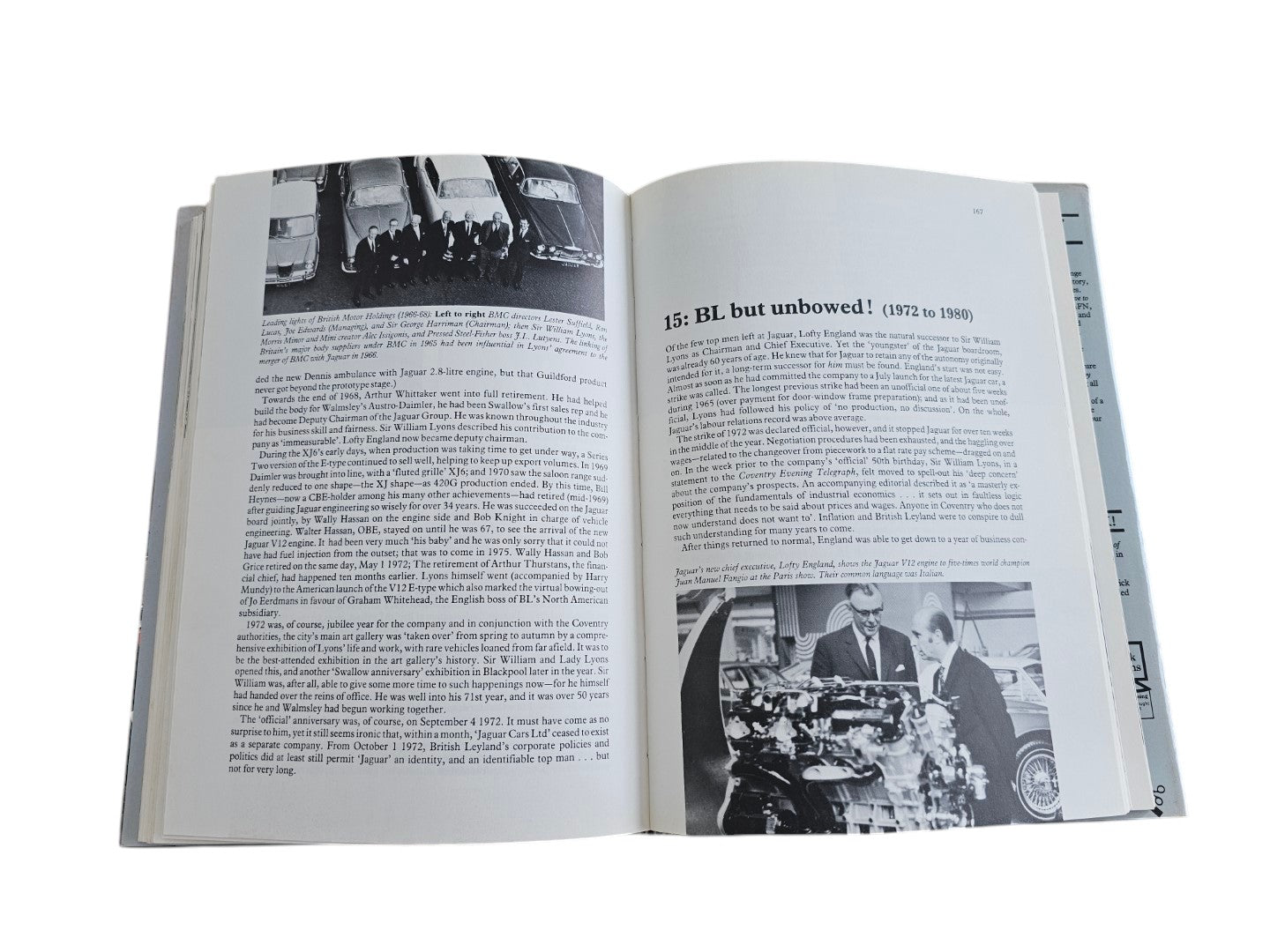 Automoto Bookshop signed Jaguar history book open to chapter 15 showing vintage photos and text about Jaguar cars.
