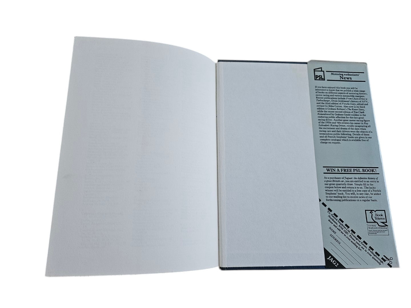 Automoto Bookshop signed Jaguar The Definitive History book, showing the inside back cover and promotional bookmark.