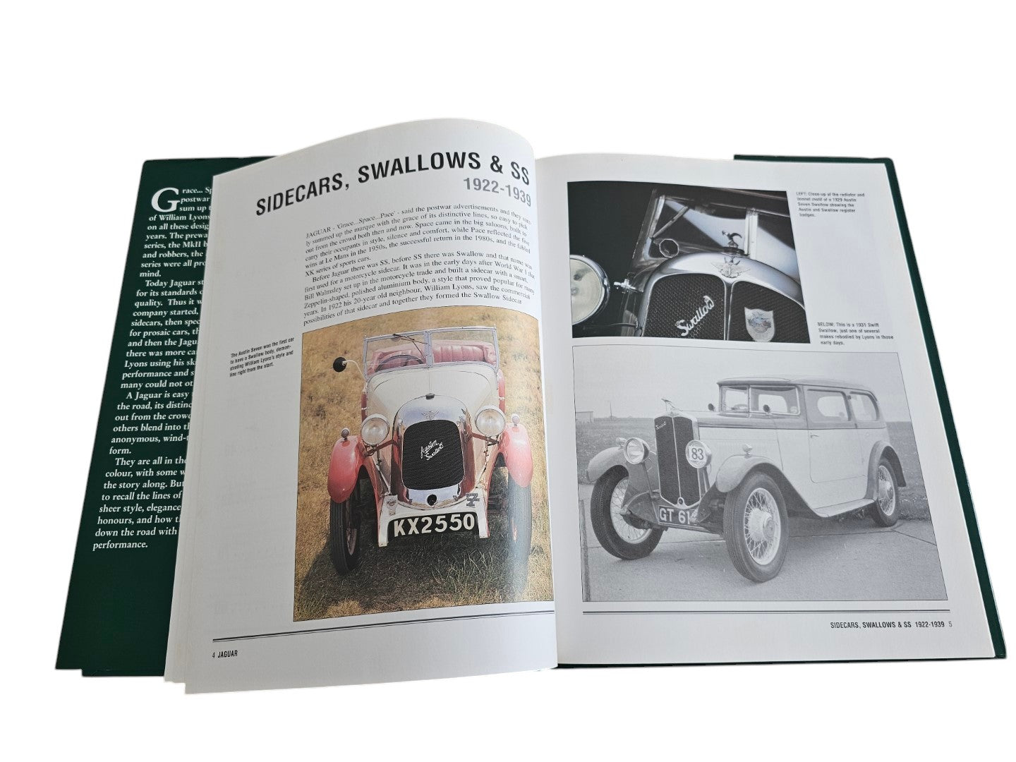 Automoto Bookshop Jaguar The Illustrated Motorcar Legends book open to pages showing vintage Swallow sidecars and cars