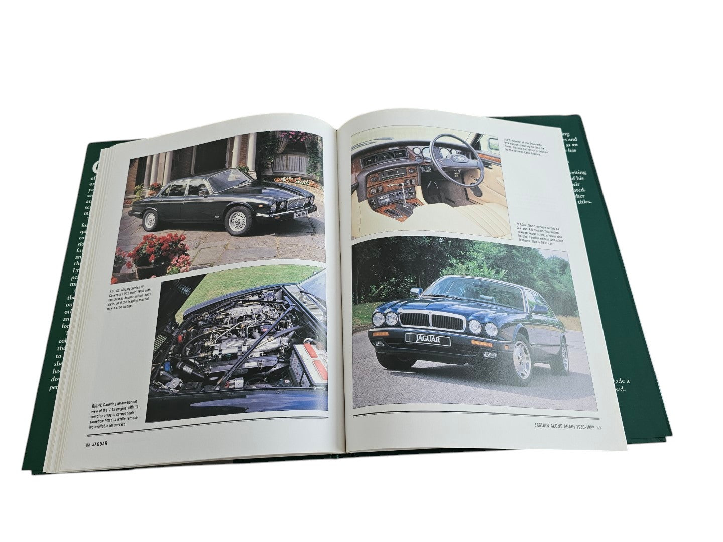 Open pages of Automoto Bookshop Jaguar The Illustrated Motorcar Legends book showing vintage car photos and interiors