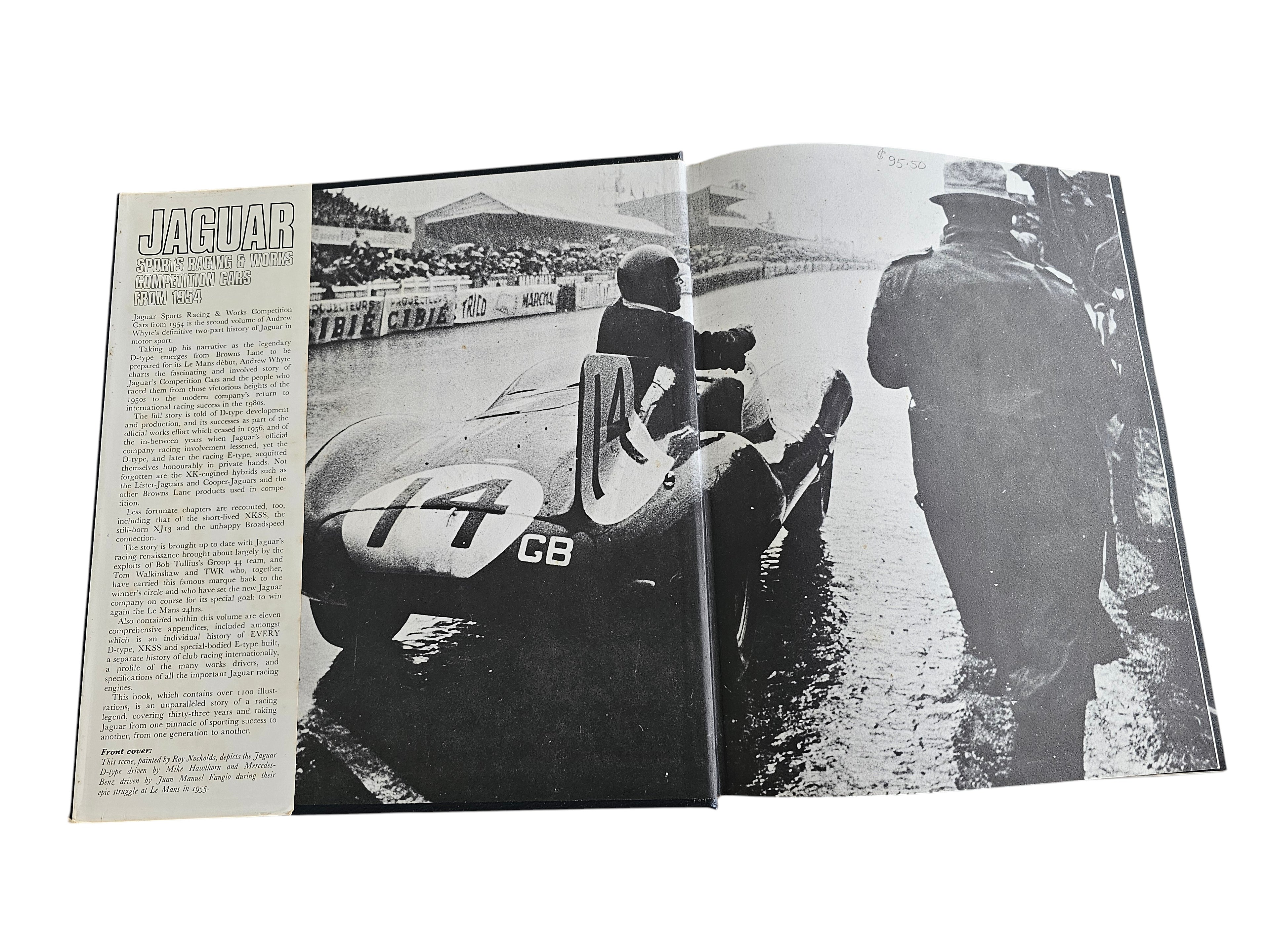 Automoto Bookshop vintage Jaguar Sports Racing and Works Competition Cars 1954 book open to a page with a race car