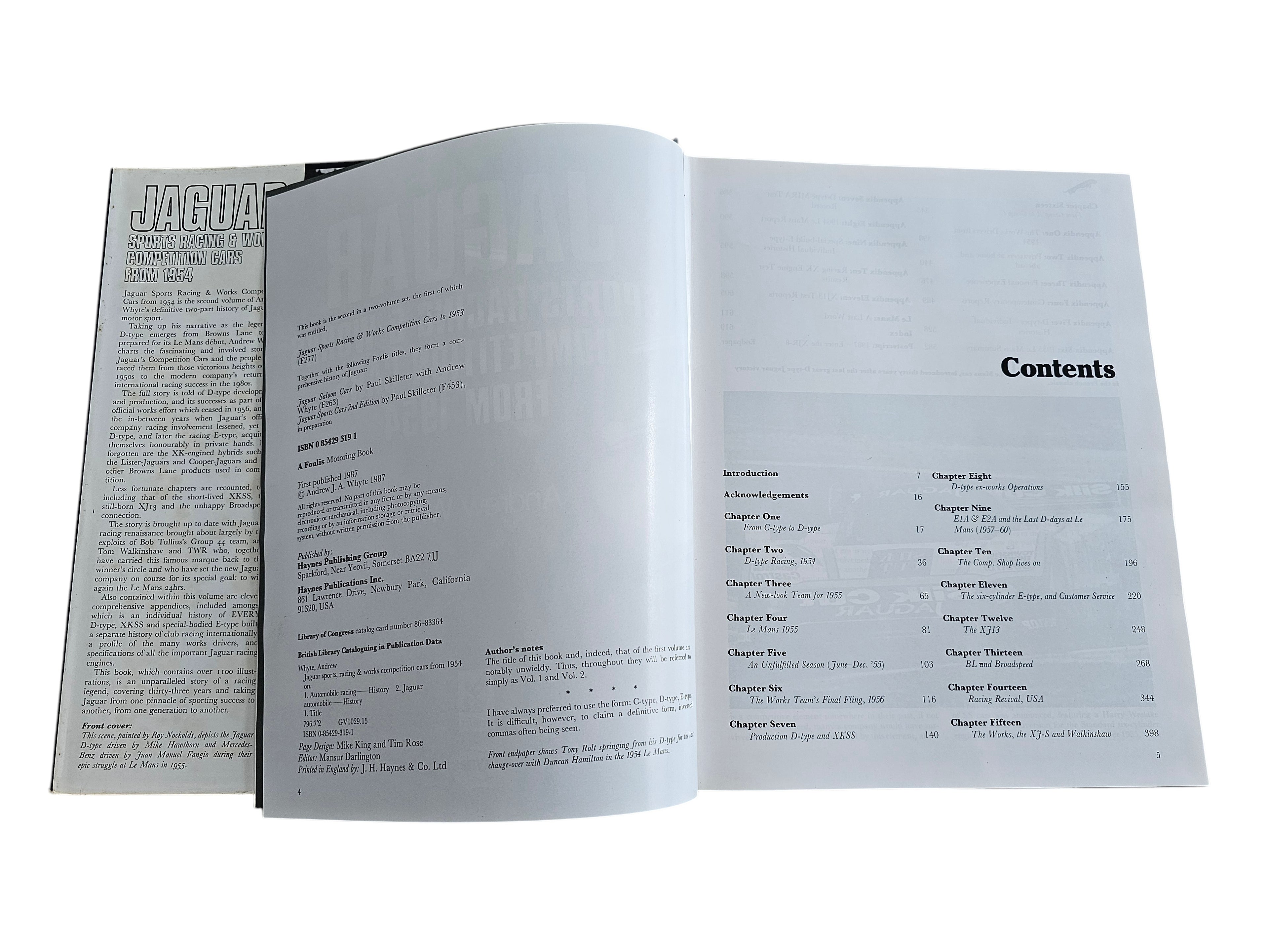 Automoto Bookshop copy of Jaguar Sports Racing and Works Competition Cars from 1954, showing the contents page.