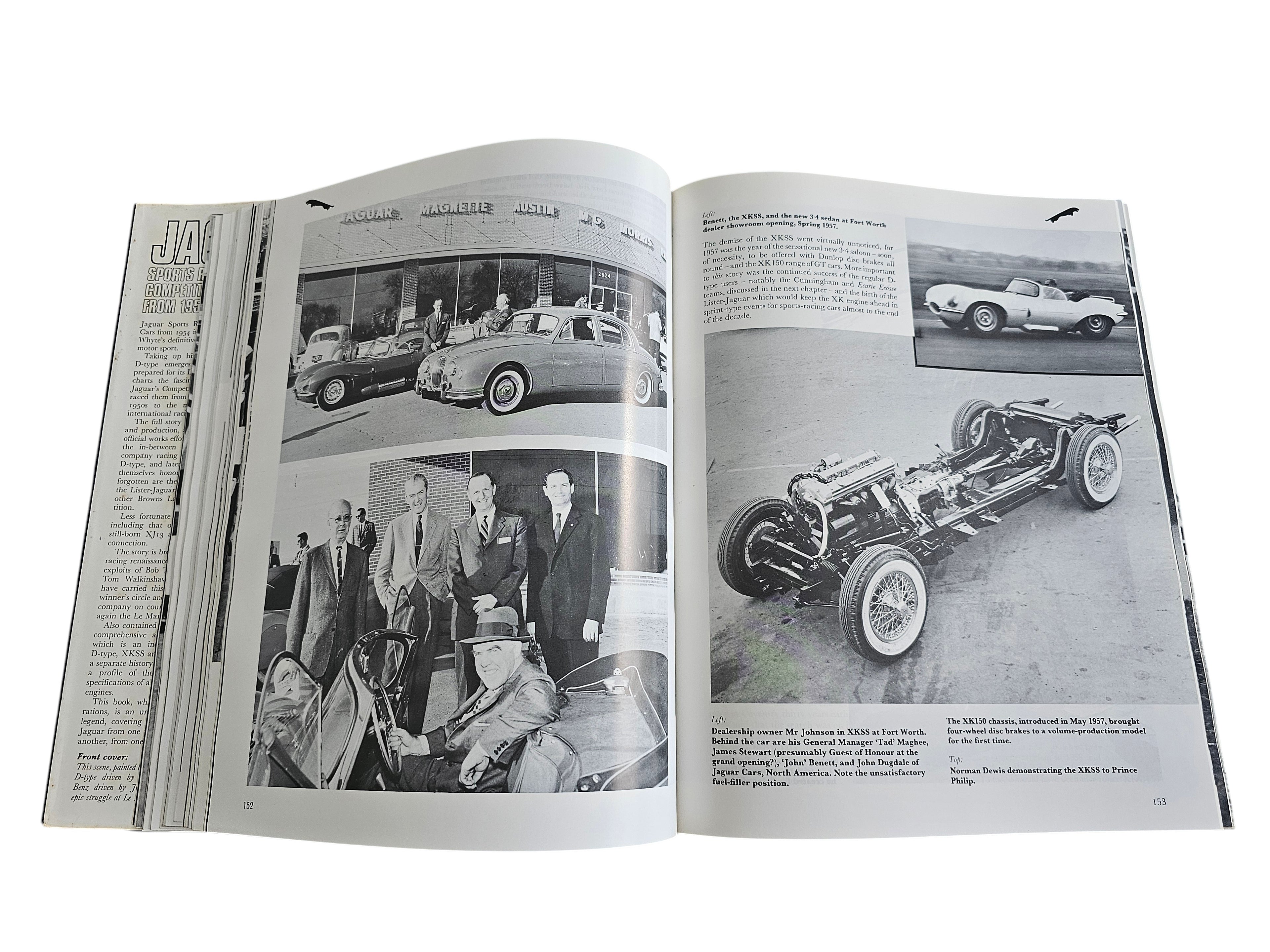 Automoto Bookshop vintage Jaguar sports racing car book open to pages showing black and white historical photographs.