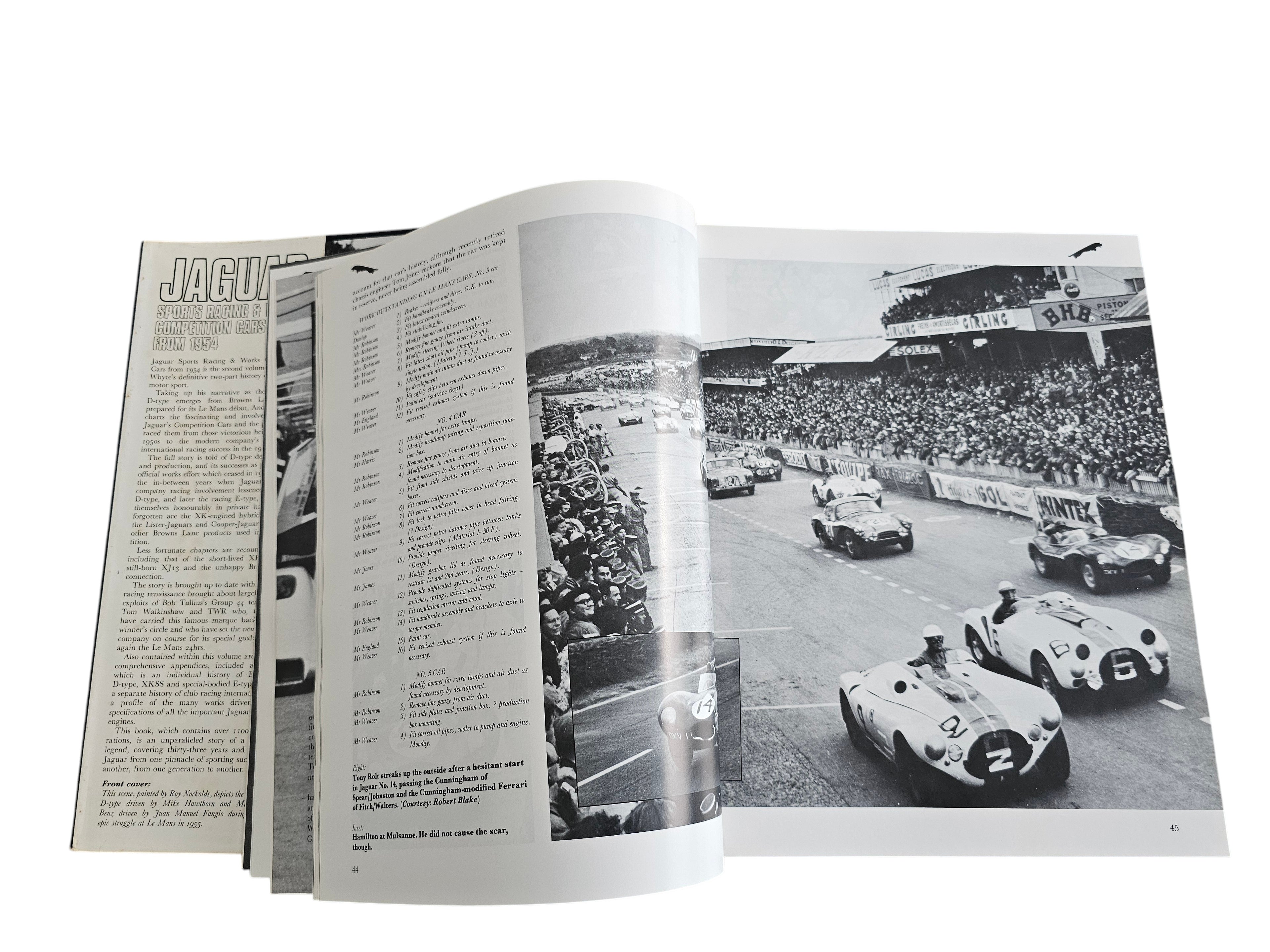 Automoto Bookshop Jaguar Sports Racing and Works Competition Cars 1954 book open to a page showing Le Mans race photos