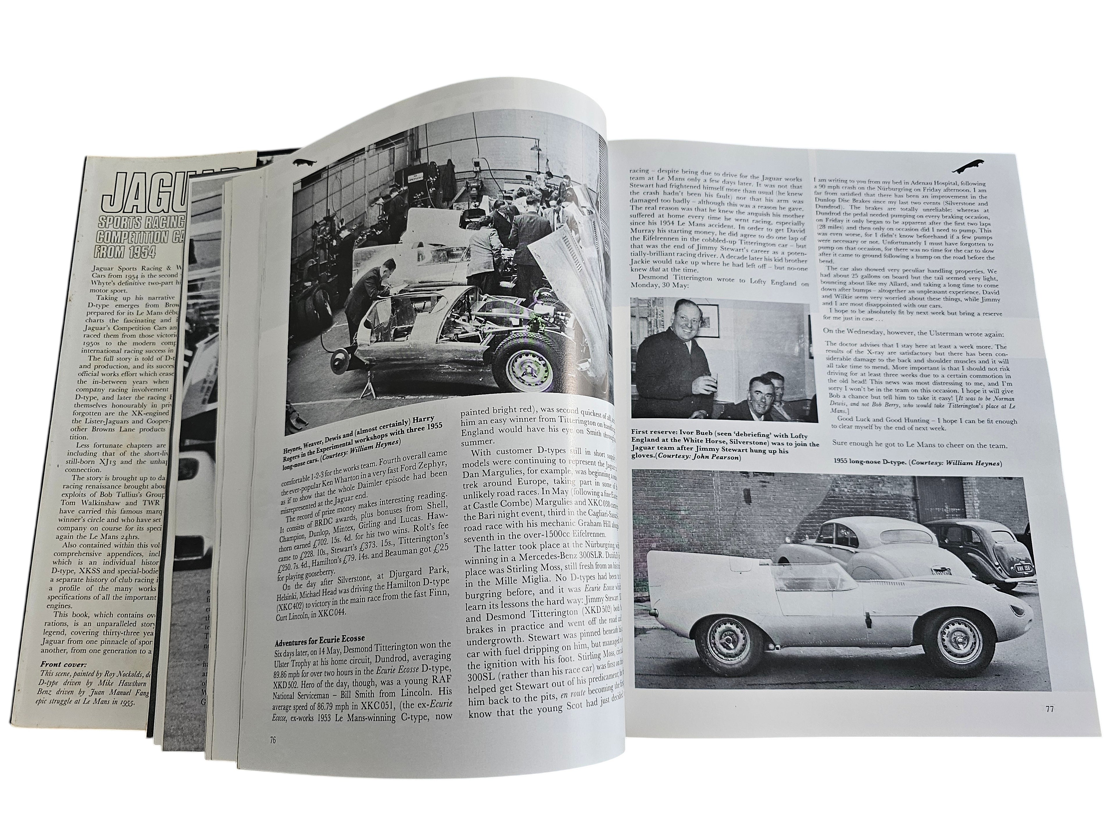 Automoto Bookshop Jaguar Sports Racing and Works Competition Cars book open to pages with vintage racing photographs