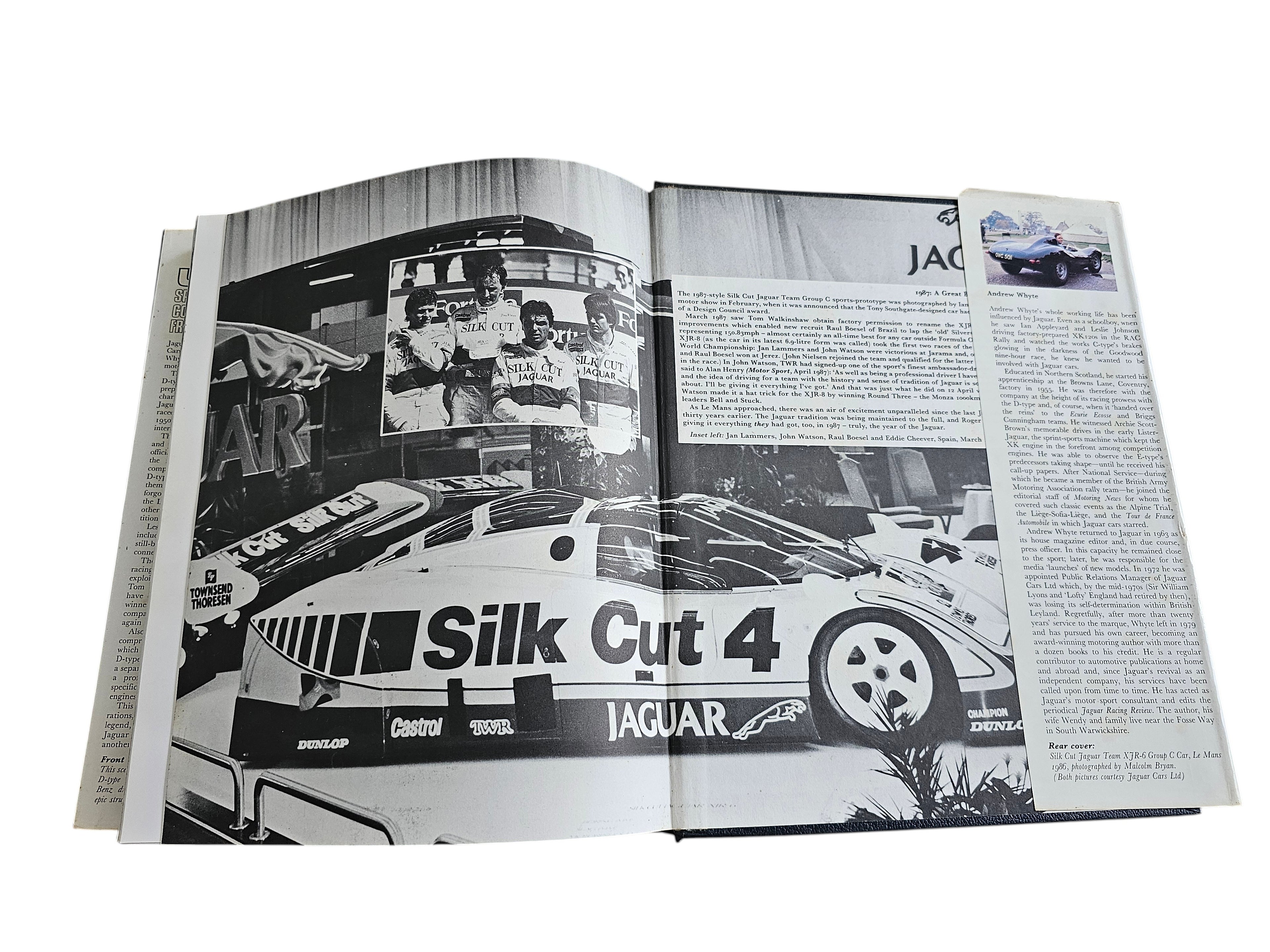 Automoto Bookshop vintage Jaguar racing history book open to a page showing Silk Cut Jaguar race cars and drivers