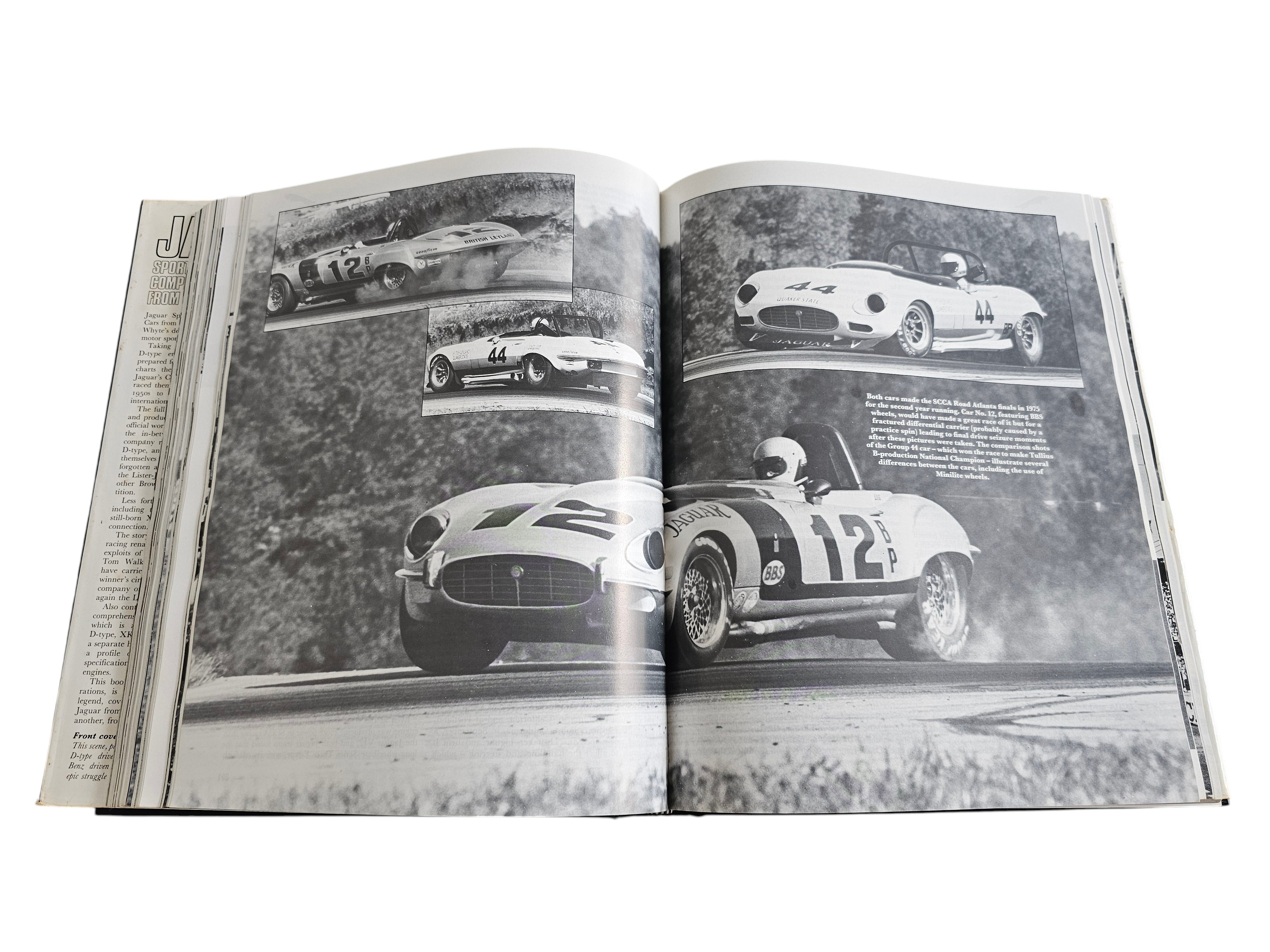 Automoto Bookshop vintage Jaguar racing book showing black and white photographs of competition cars on the track.
