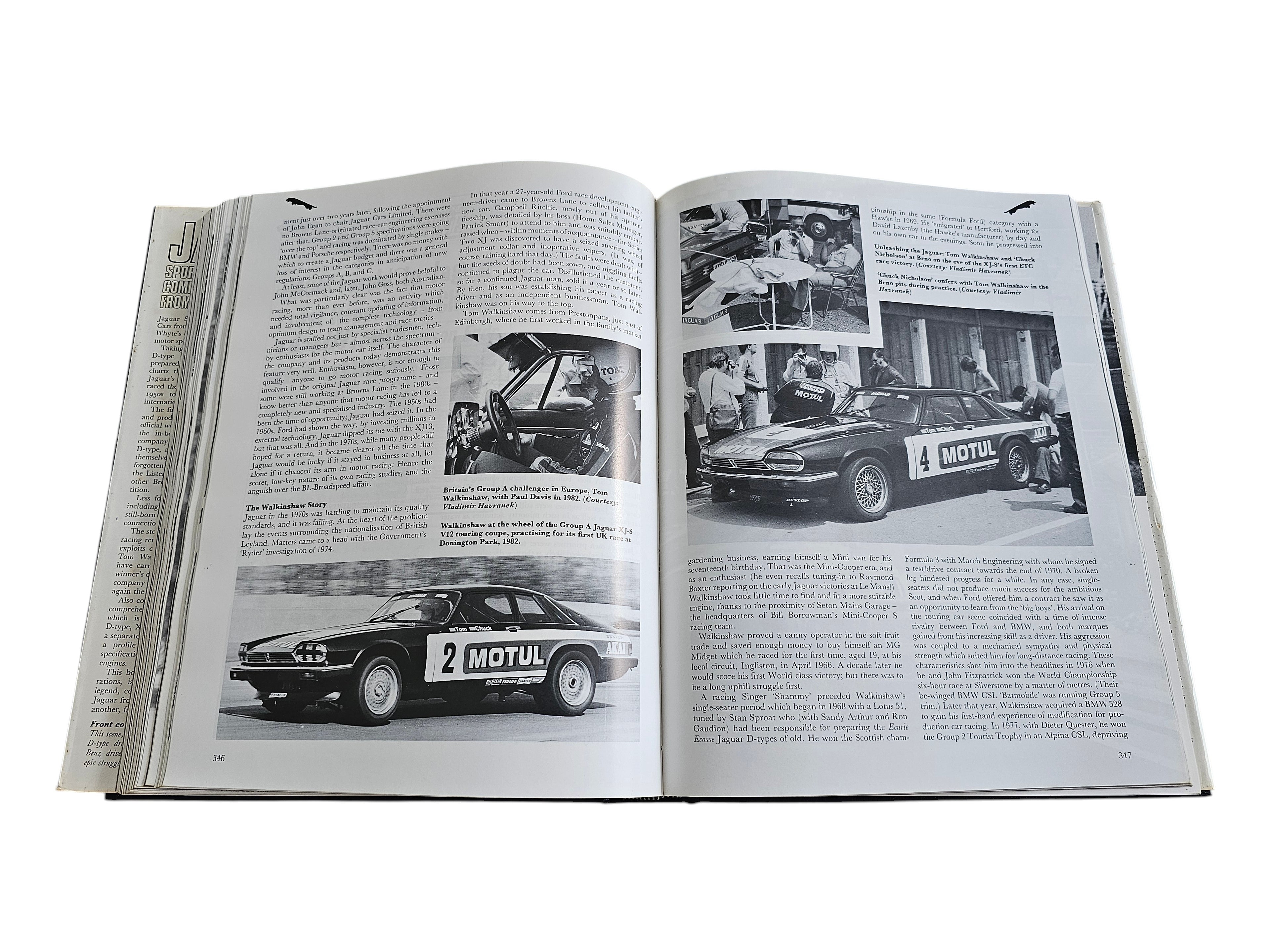 Automoto Bookshop vintage Jaguar racing history book open to pages 346 and 347 featuring black and white race car photos