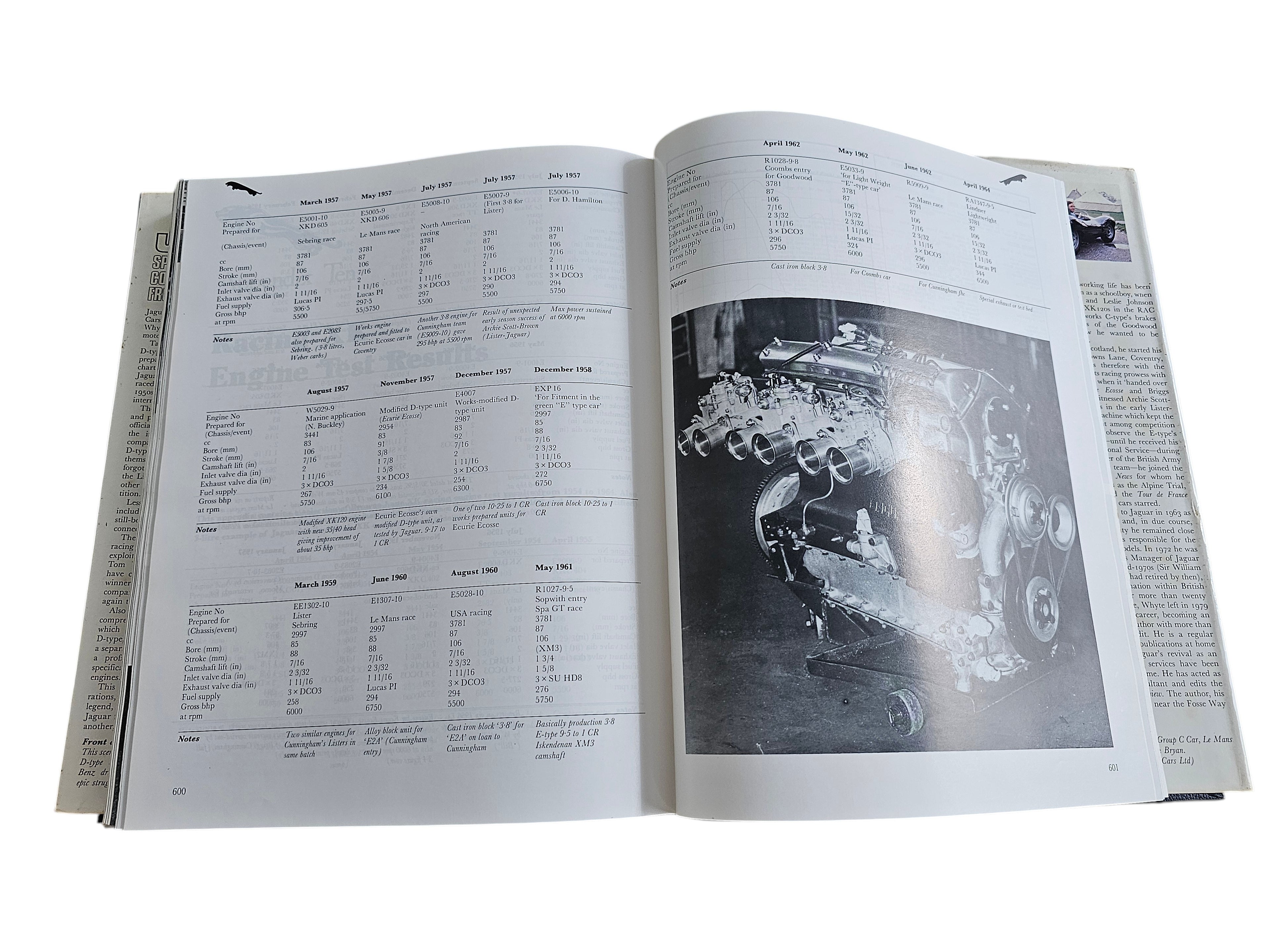 Automoto Bookshop Jaguar racing history book open to engine test results page with black and white engine photograph