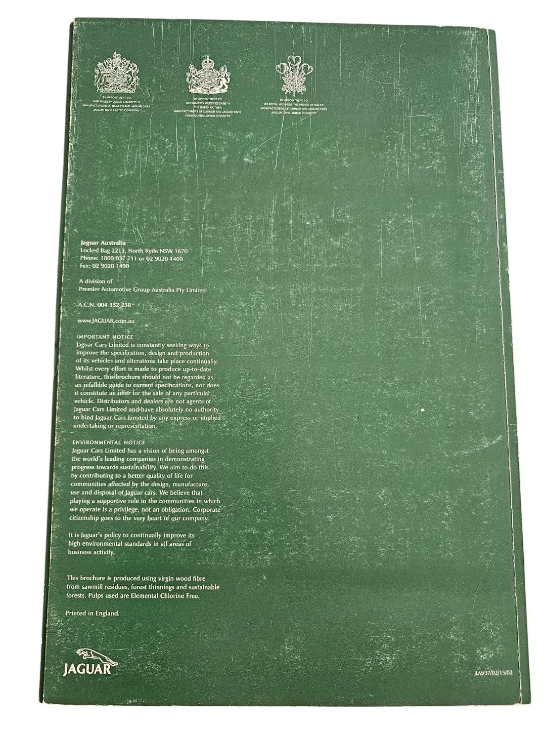 Back cover of Automoto Bookshop 2002 Jaguar S-Type sales brochure in green with official Jaguar crests and text.