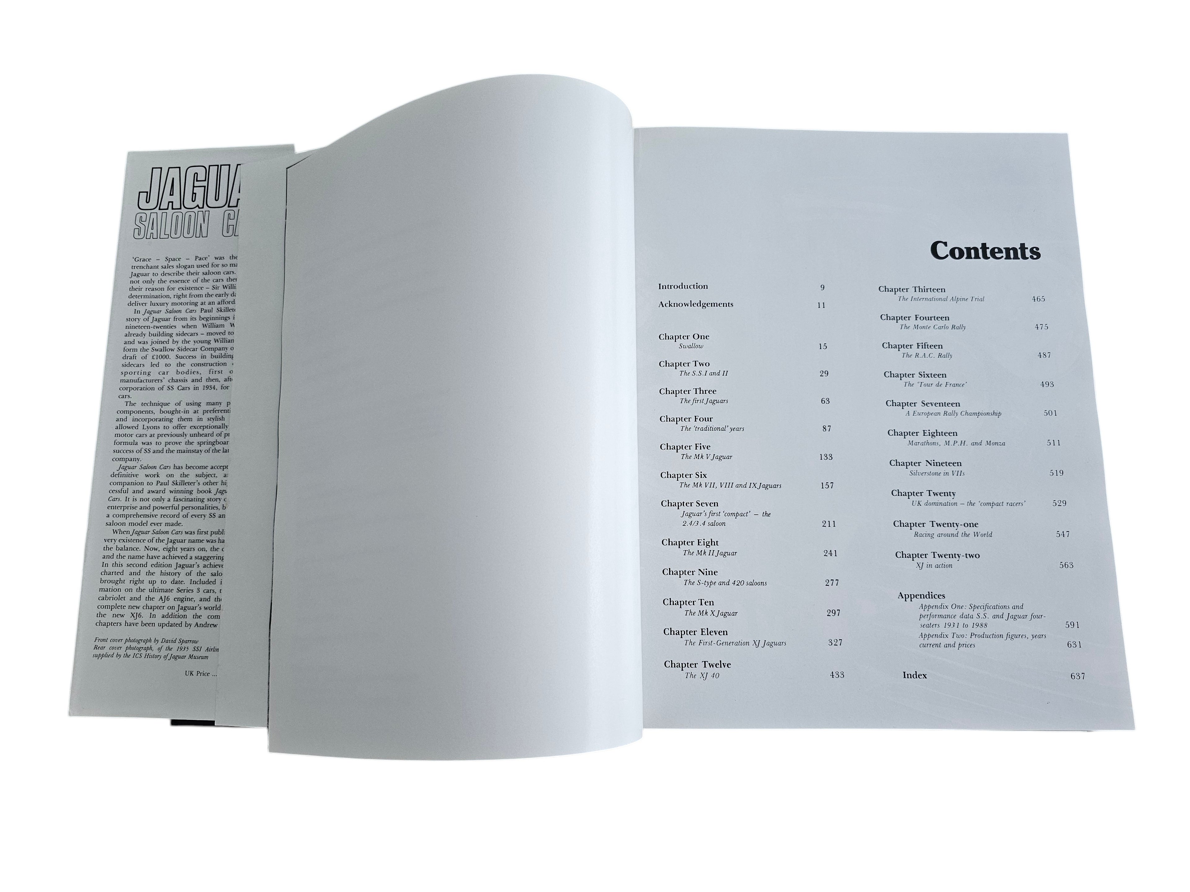 Automoto Bookshop Jaguar Saloon Cars 1988 hardcover book contents page showing historical chapters on classic Jaguars