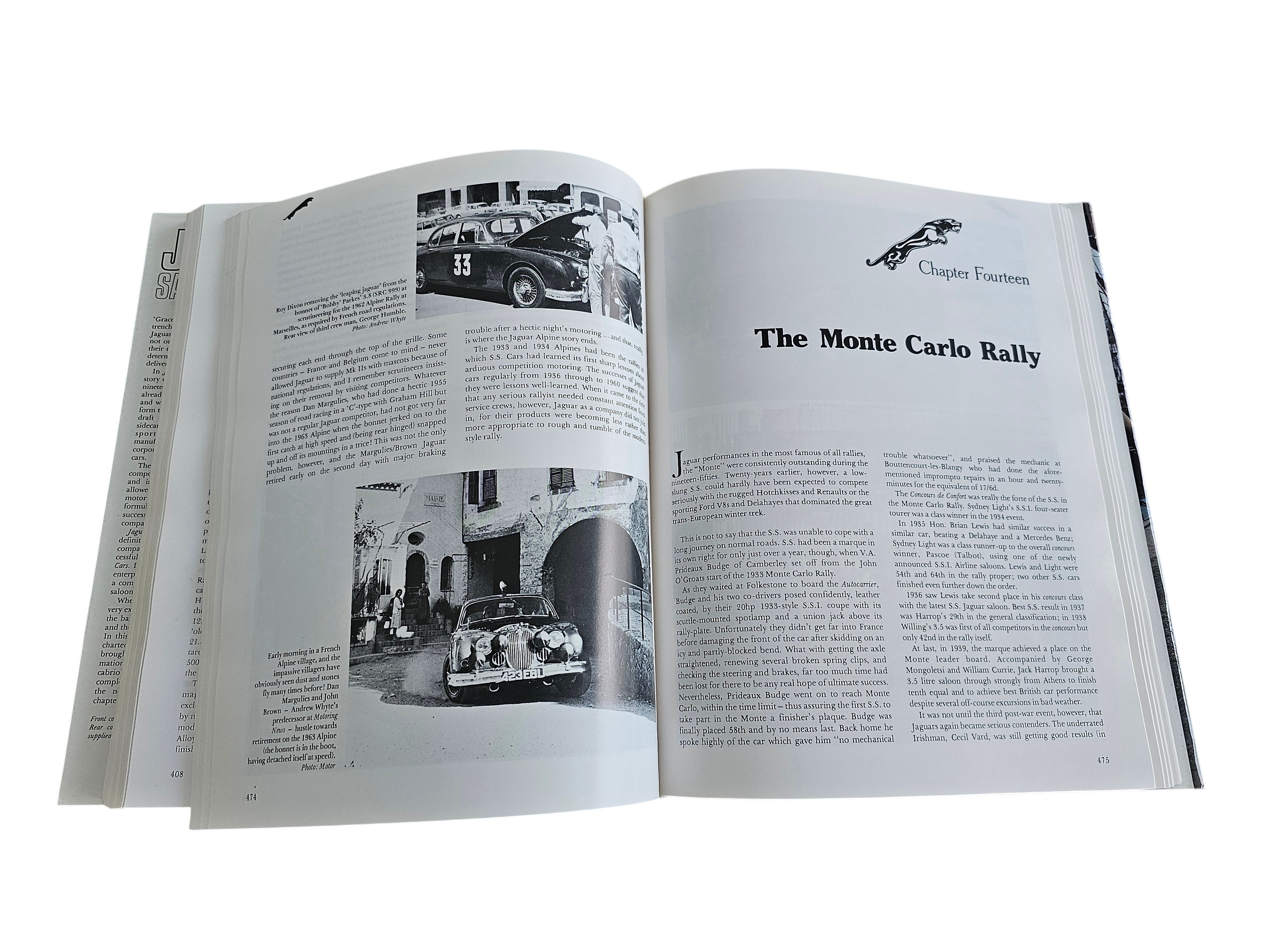 Open pages of Jaguar Saloon Cars book by Automoto Bookshop featuring historical photos of Jaguar rally cars