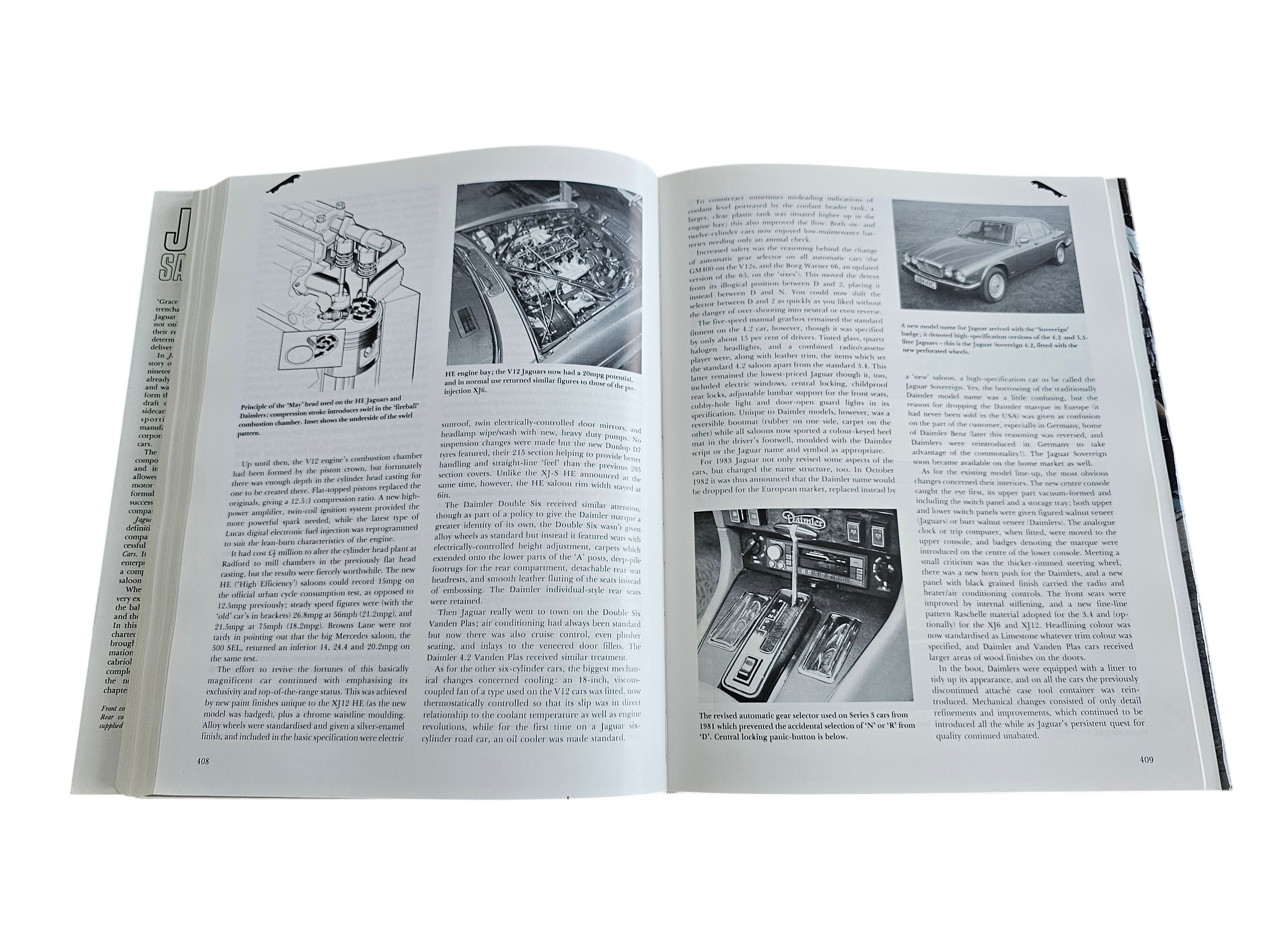 Automoto Bookshop Jaguar Saloon Cars hardcover book open to pages 408-409 with technical diagrams and car photos.