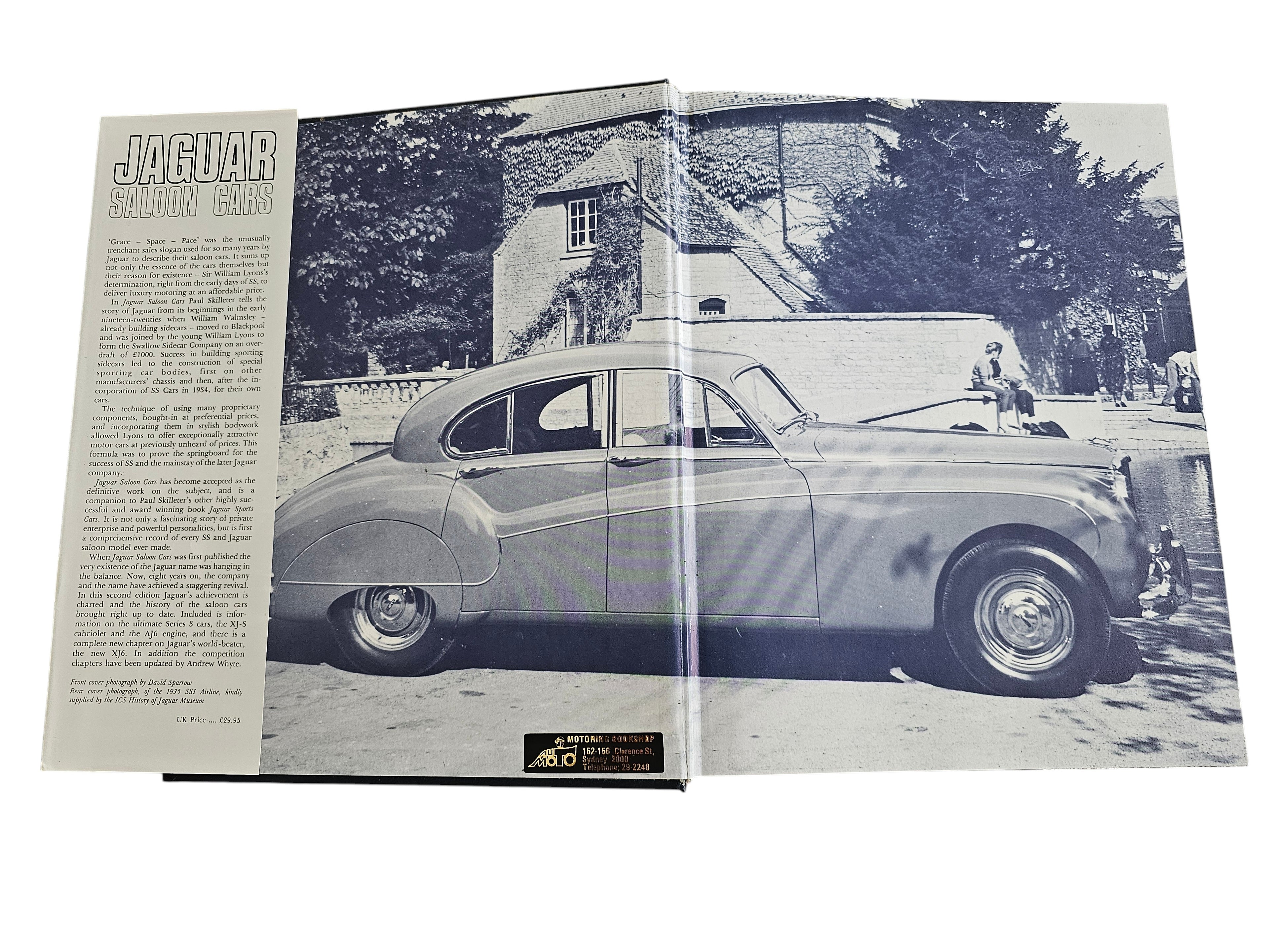 Automoto Bookshop hardcover Jaguar Saloon Cars book by Paul Skilleter and Andrew Whyte, 1988 edition dust jacket.