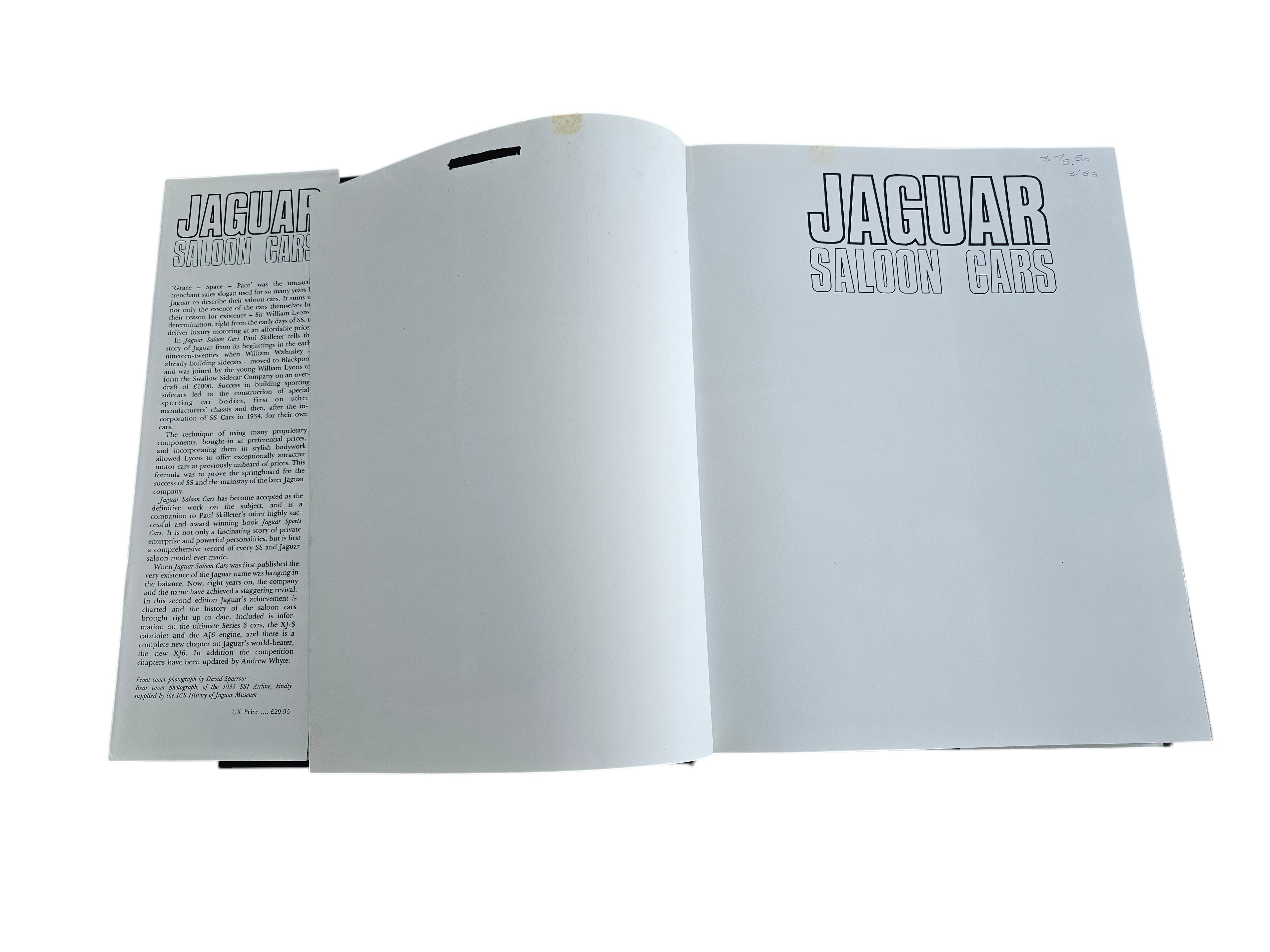 Automoto Bookshop Jaguar Saloon Cars hardcover book by Paul Skilleter and Andrew Whyte, 1988 edition title page.