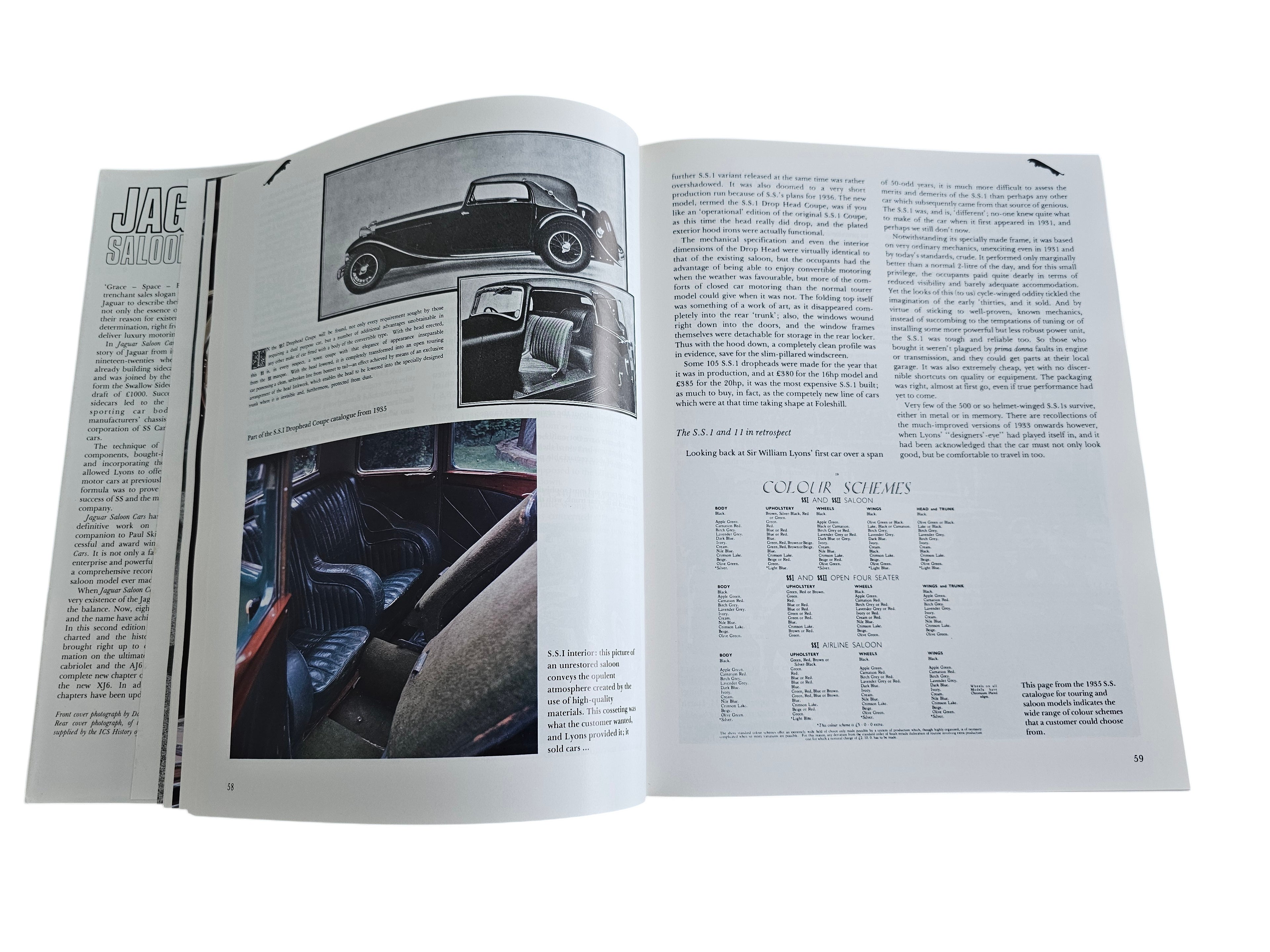 Automoto Bookshop Jaguar Saloon Cars book open to page 59 featuring historical photos and SS saloon colour schemes.