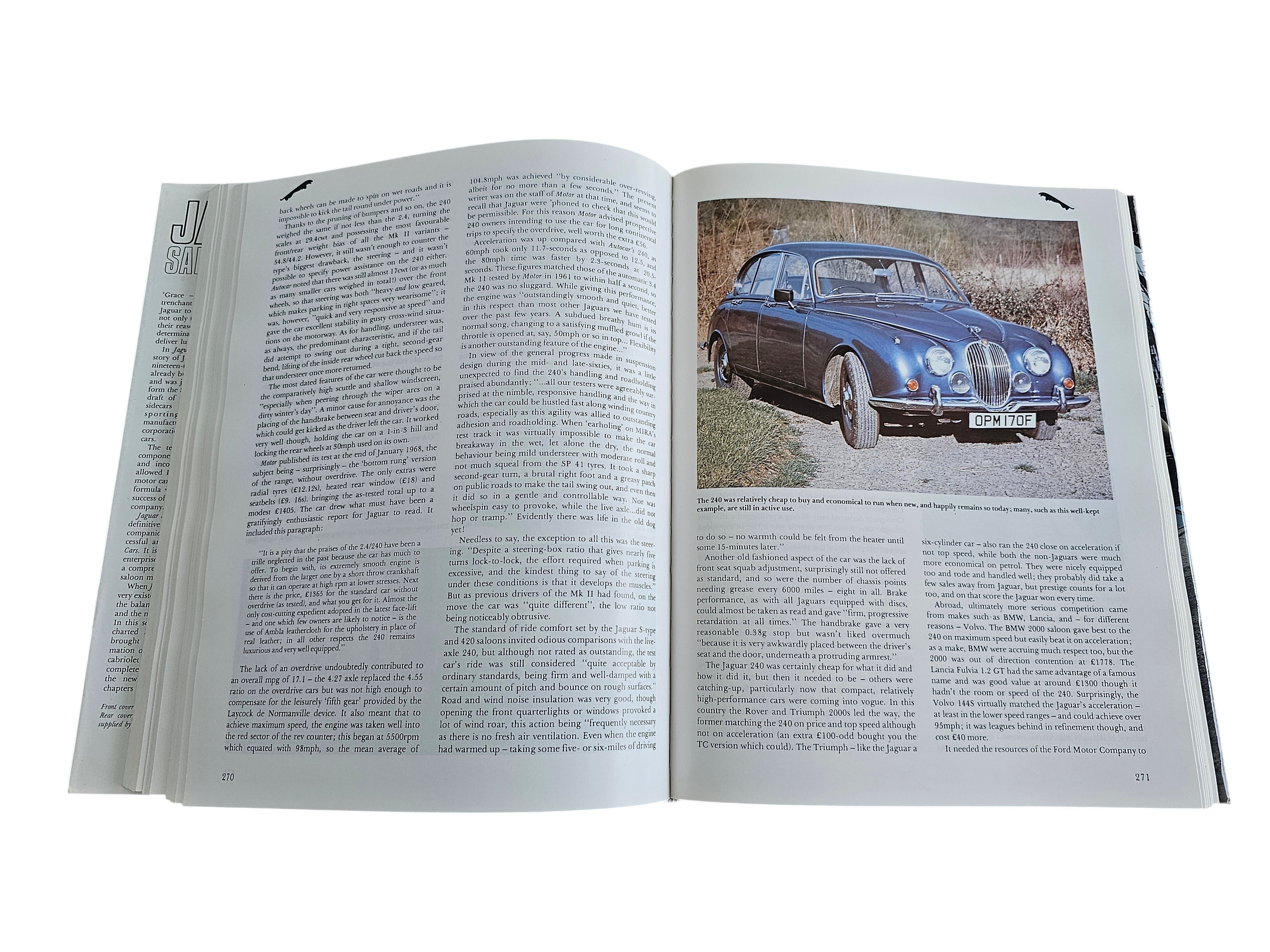 Automoto Bookshop Jaguar Saloon Cars book open to page 270-271 showing text and a vintage blue Jaguar car photo
