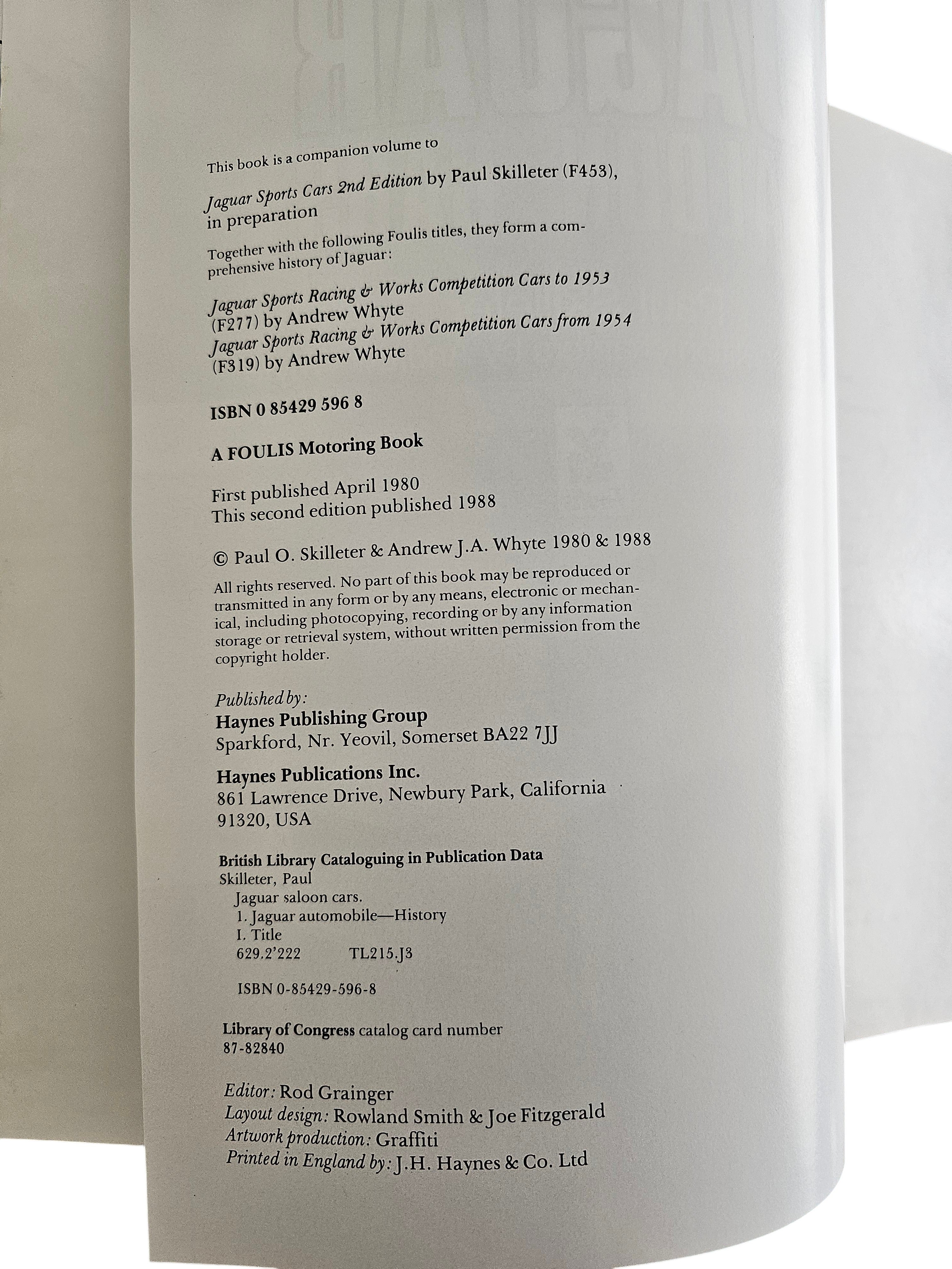 Copyright page of Jaguar Saloon Cars book by Automoto Bookshop, 1988 second edition published by Haynes.