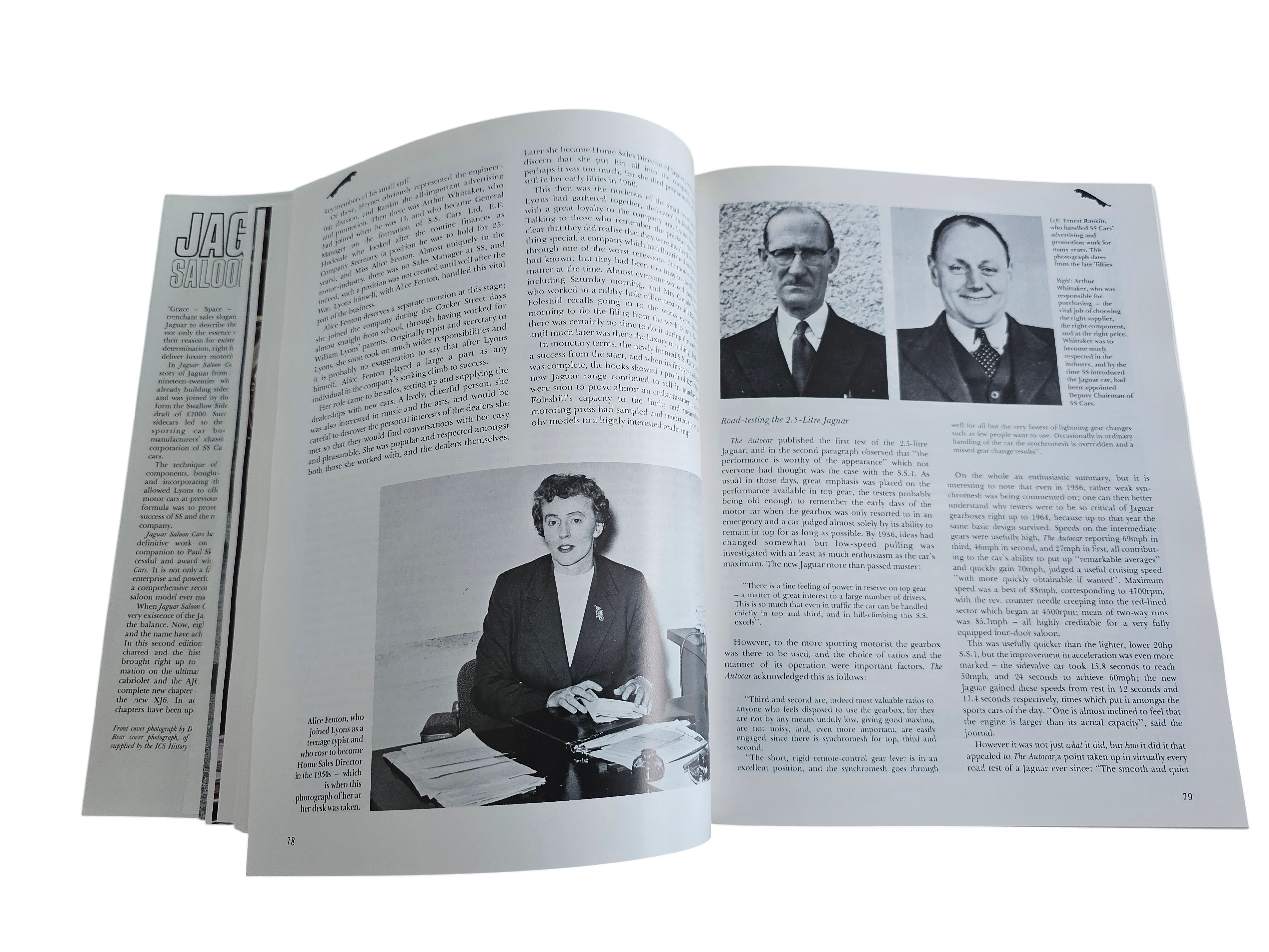 Open pages of Automoto Bookshop Jaguar Saloon Cars book featuring historical black and white photos and text