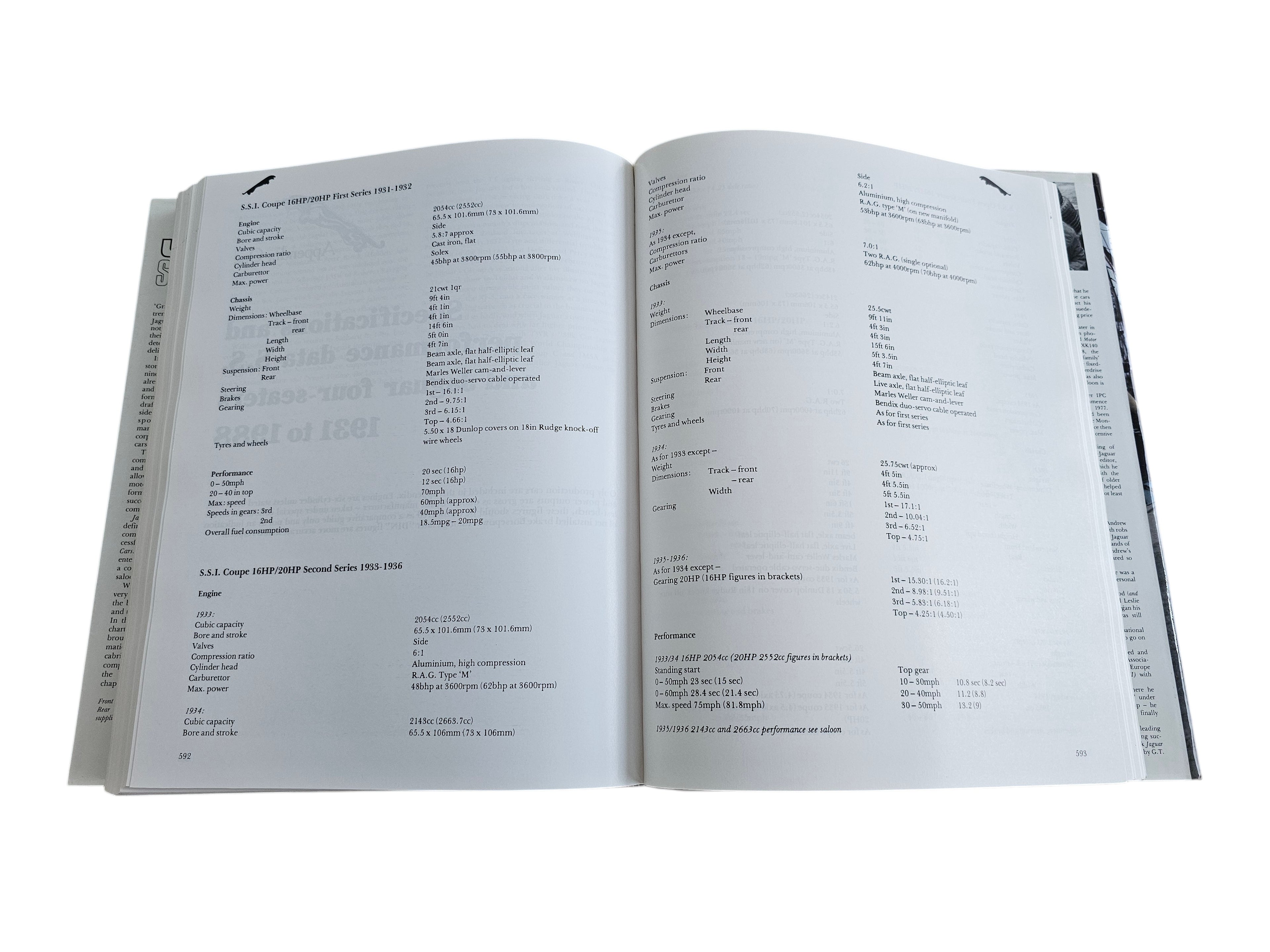 Automoto Bookshop vintage Jaguar Saloon Cars book open to technical specification pages for S.S.I. Coupe models.
