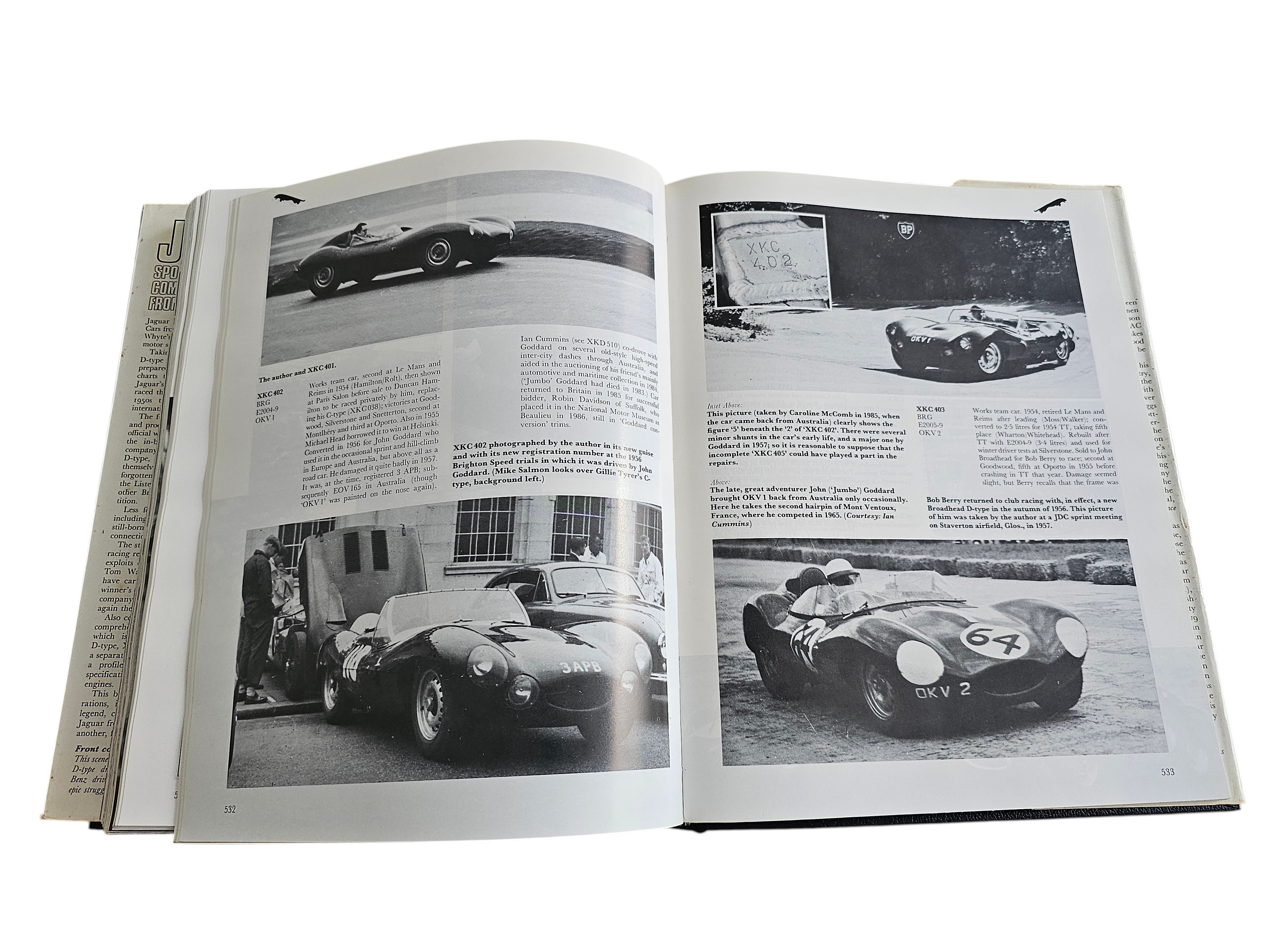 Automoto Bookshop Jaguar Sports Racing and Works Competition Cars 1954 book open to pages showing vintage D-type photos