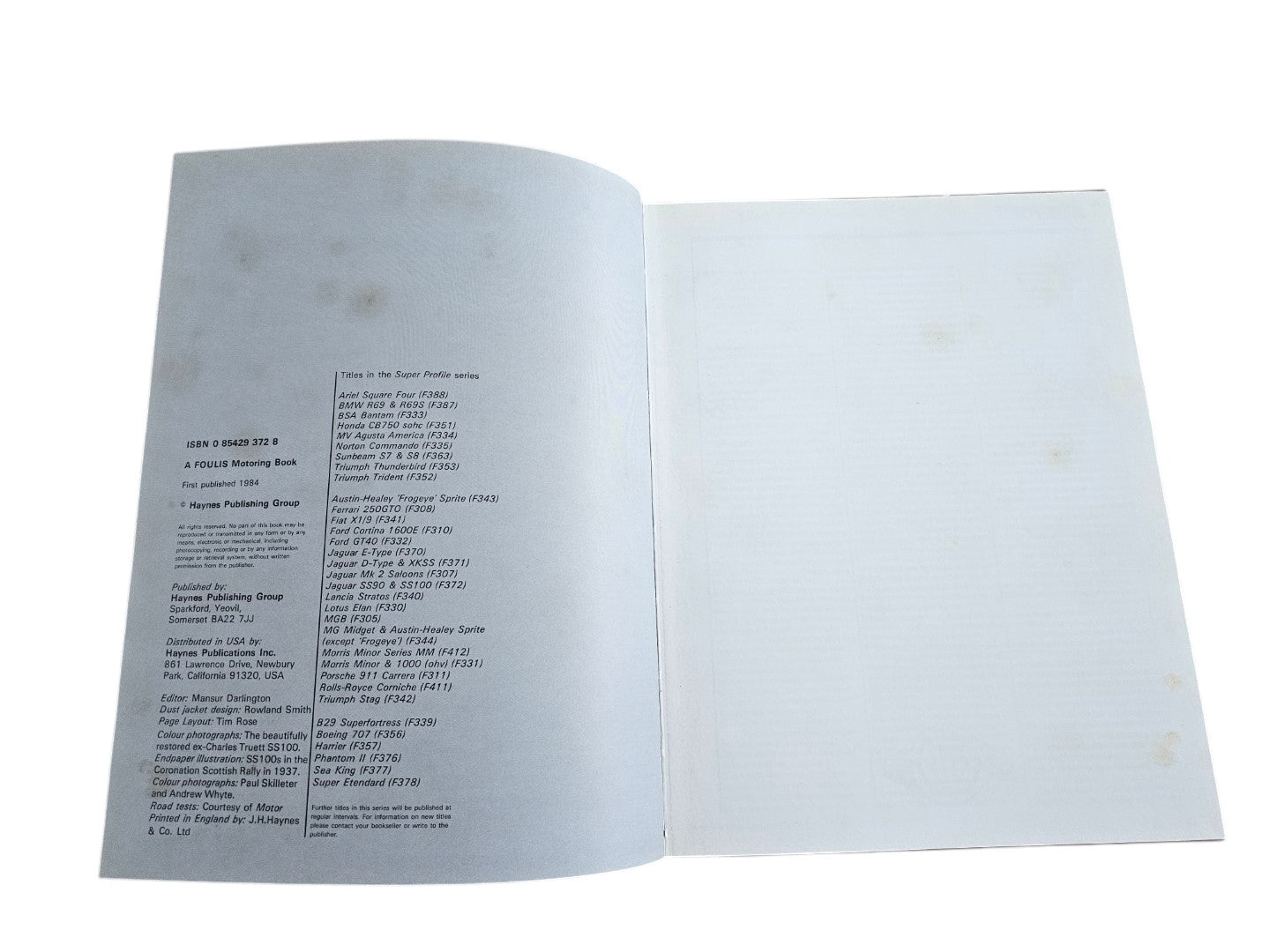 Automoto Bookshop copyright page of the Jaguar SS90 & SS100 Super Profile book by Andrew Whyte