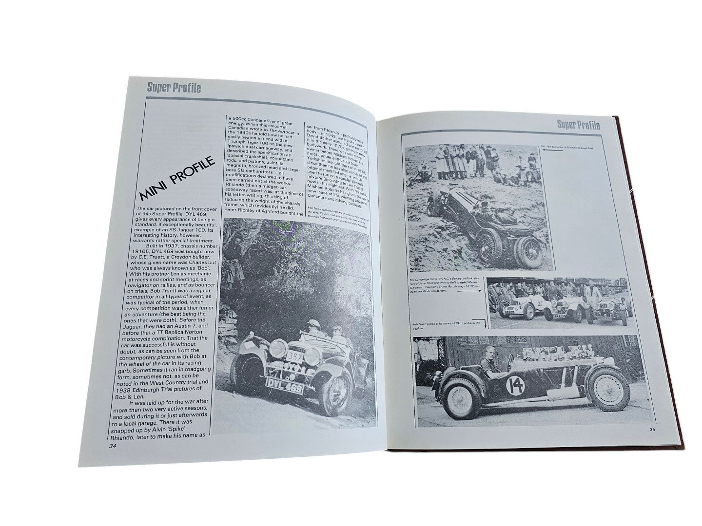 Open pages of Automoto Bookshop Jaguar SS90 & SS100 Super Profile book featuring vintage racing car photographs