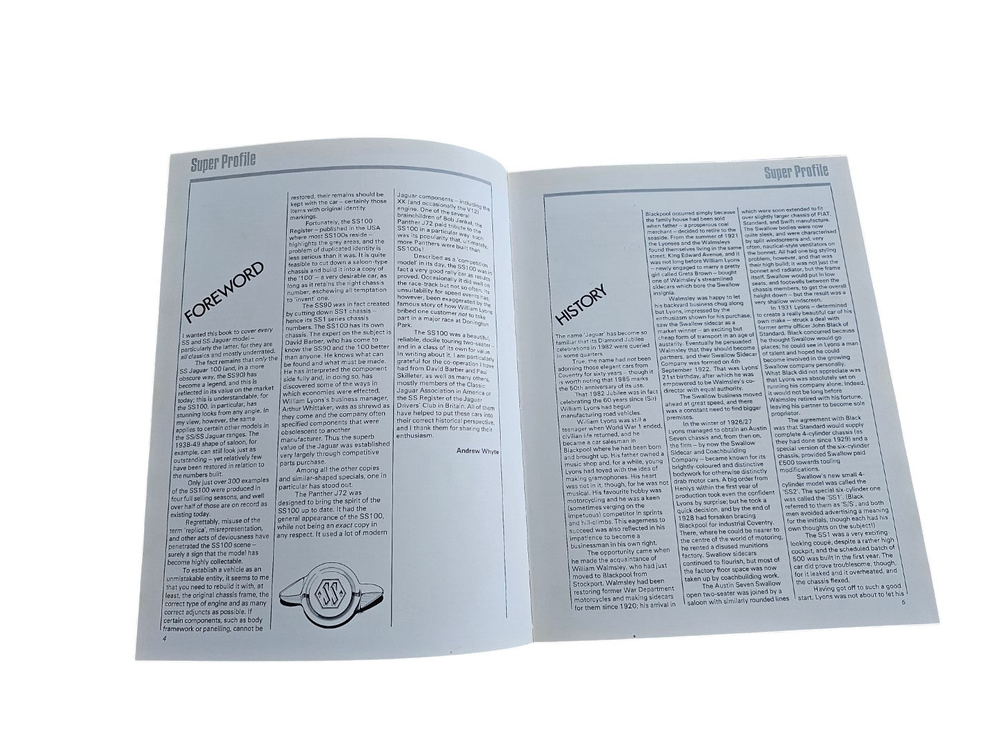 Automoto Bookshop vintage Jaguar SS90 and SS100 Super Profile book open to foreword and history pages