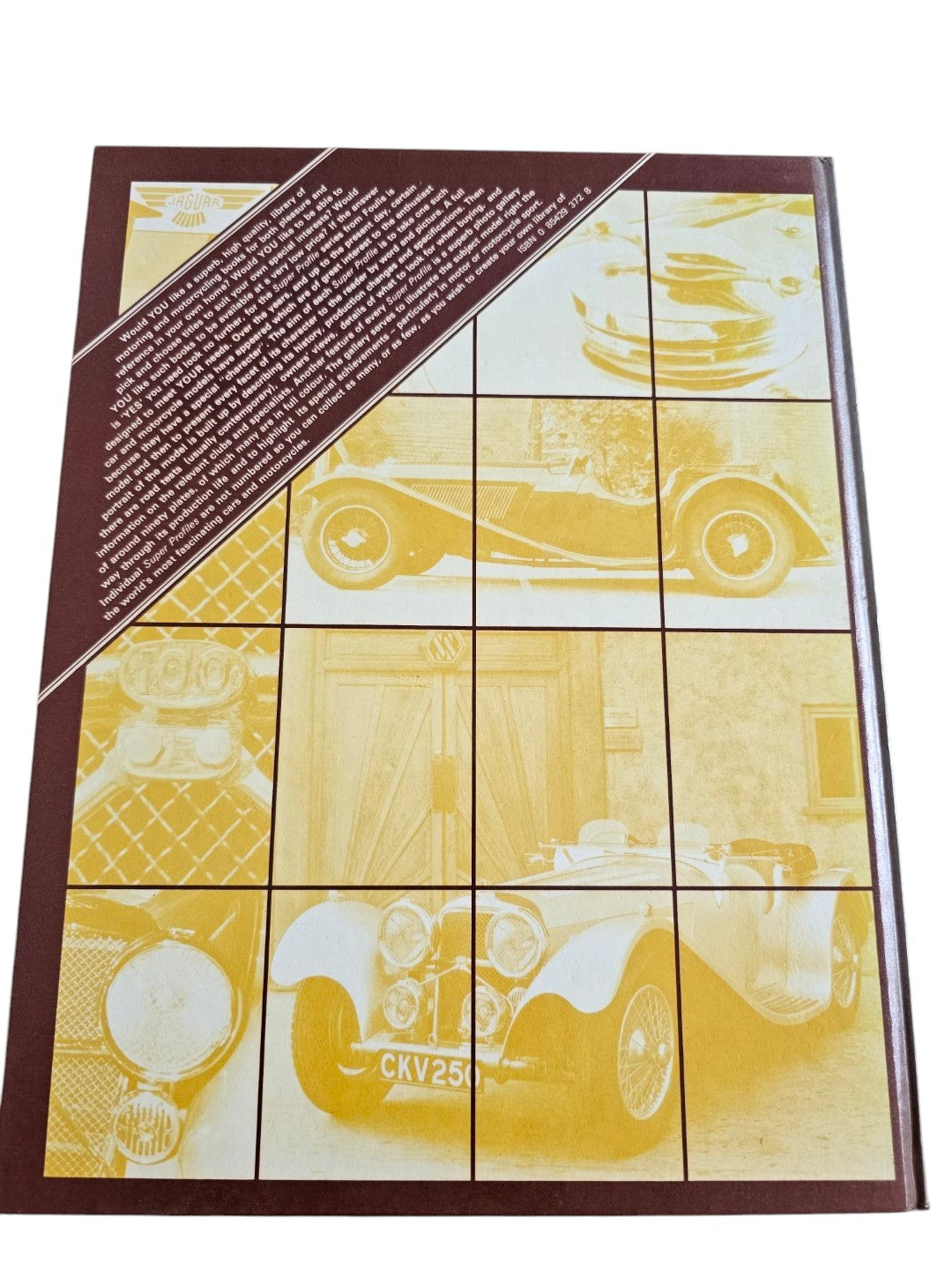 Back cover of Automoto Bookshop Jaguar SS90 & SS100 Super Profile hardcover book featuring vintage car photography