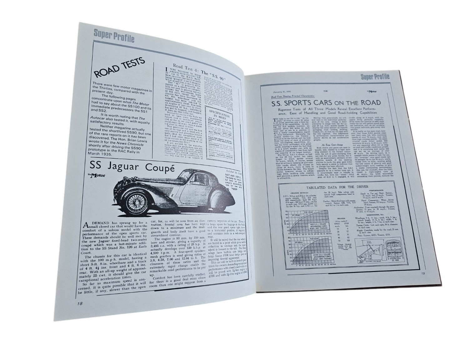 Automoto Bookshop vintage Jaguar SS90 & SS100 Super Profile book showing technical road test pages and car diagrams.