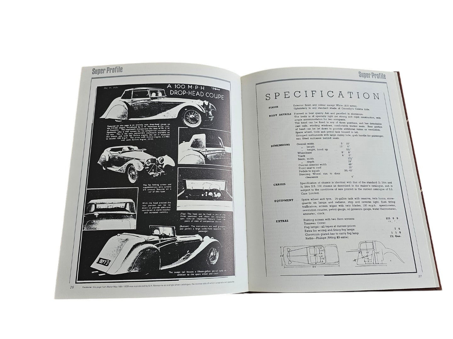 Automoto Bookshop Jaguar SS90 & SS100 Super Profile book open to technical specifications and vintage car photos