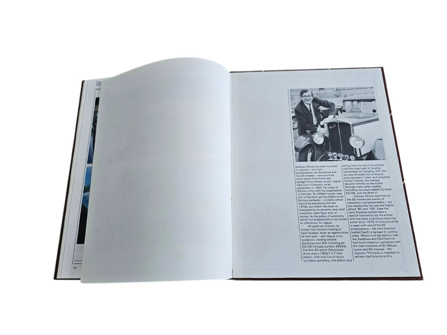 Automoto Bookshop Jaguar SS90 & SS100 Super Profile hardcover book open to a page featuring author Andrew Whyte