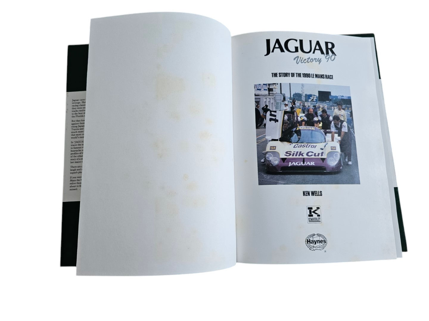 Automoto Bookshop hardcover Jaguar Victory '90 book title page featuring a photo of the 1990 Le Mans race car