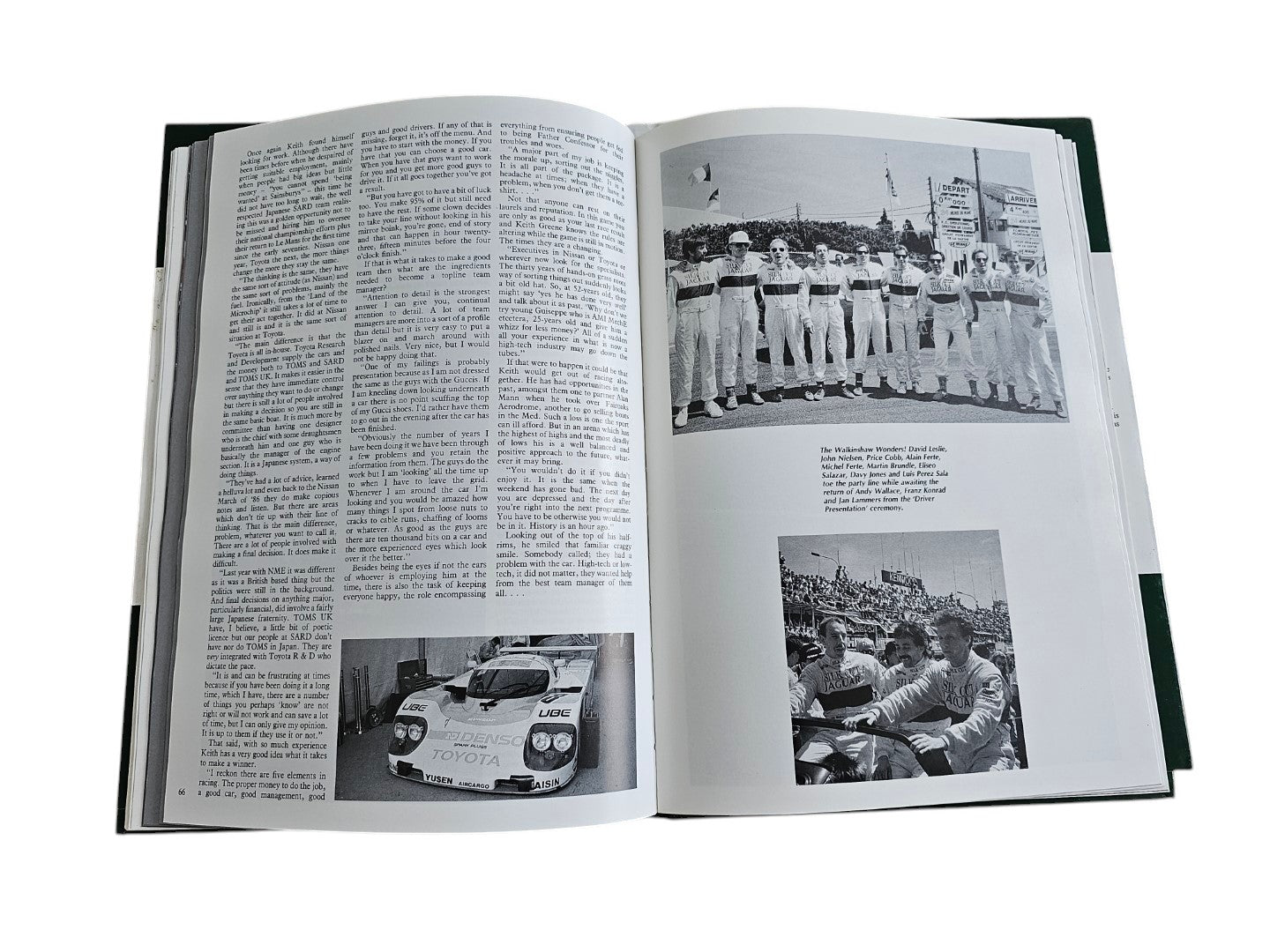 Open pages of Automoto Bookshop Jaguar Victory '90 book featuring black and white photos of the 1990 Le Mans race.