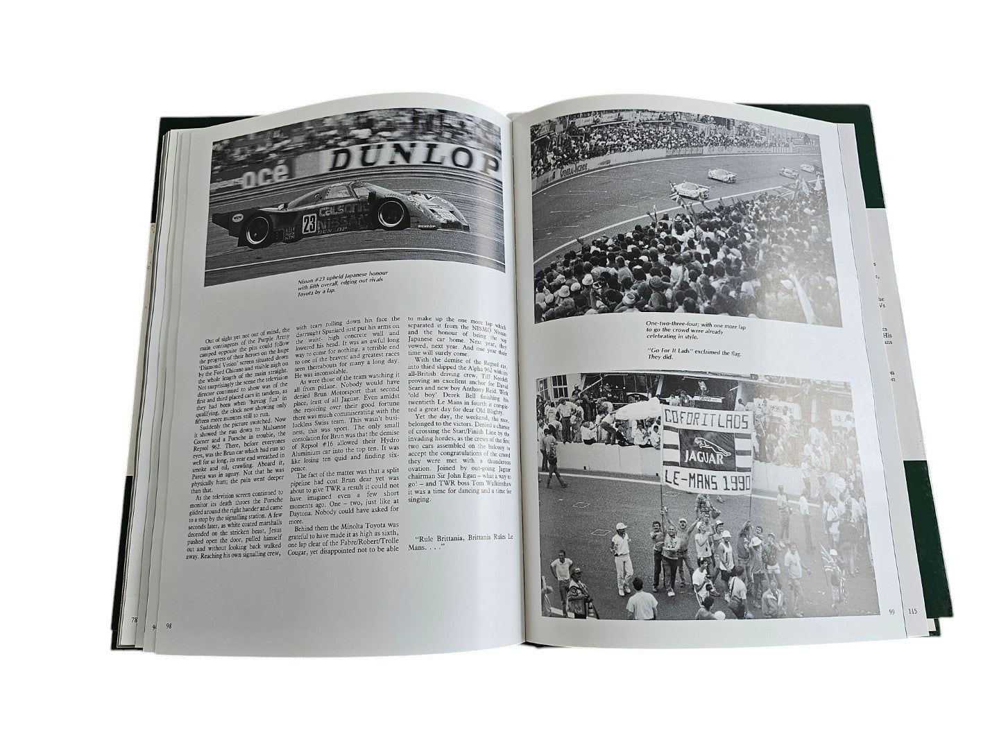 Automoto Bookshop hardcover book Jaguar Victory '90 open to pages showing black and white Le Mans racing photos