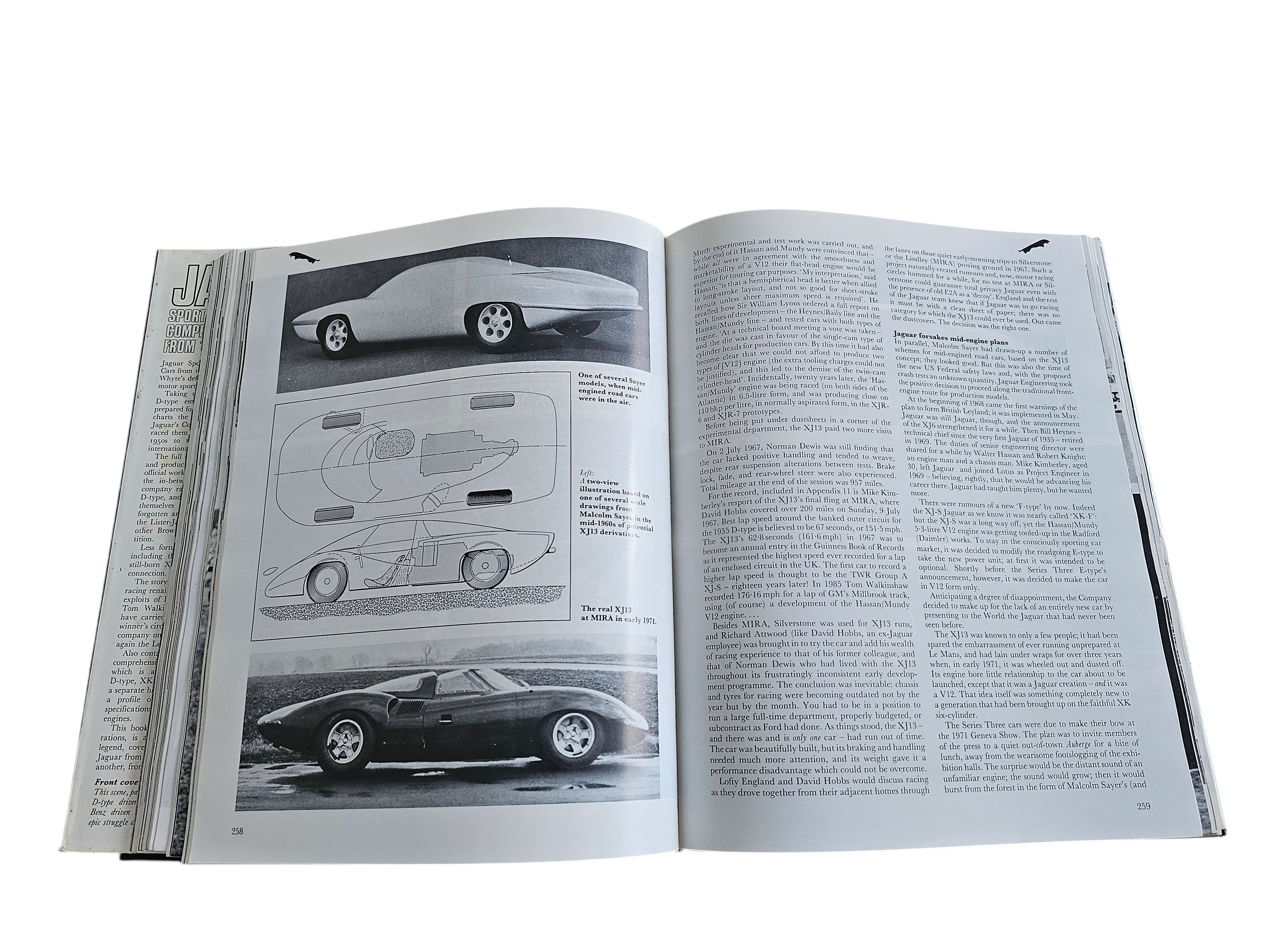 Automoto Bookshop vintage Jaguar racing book showing technical drawings and photographs of the XJ13 prototype car.