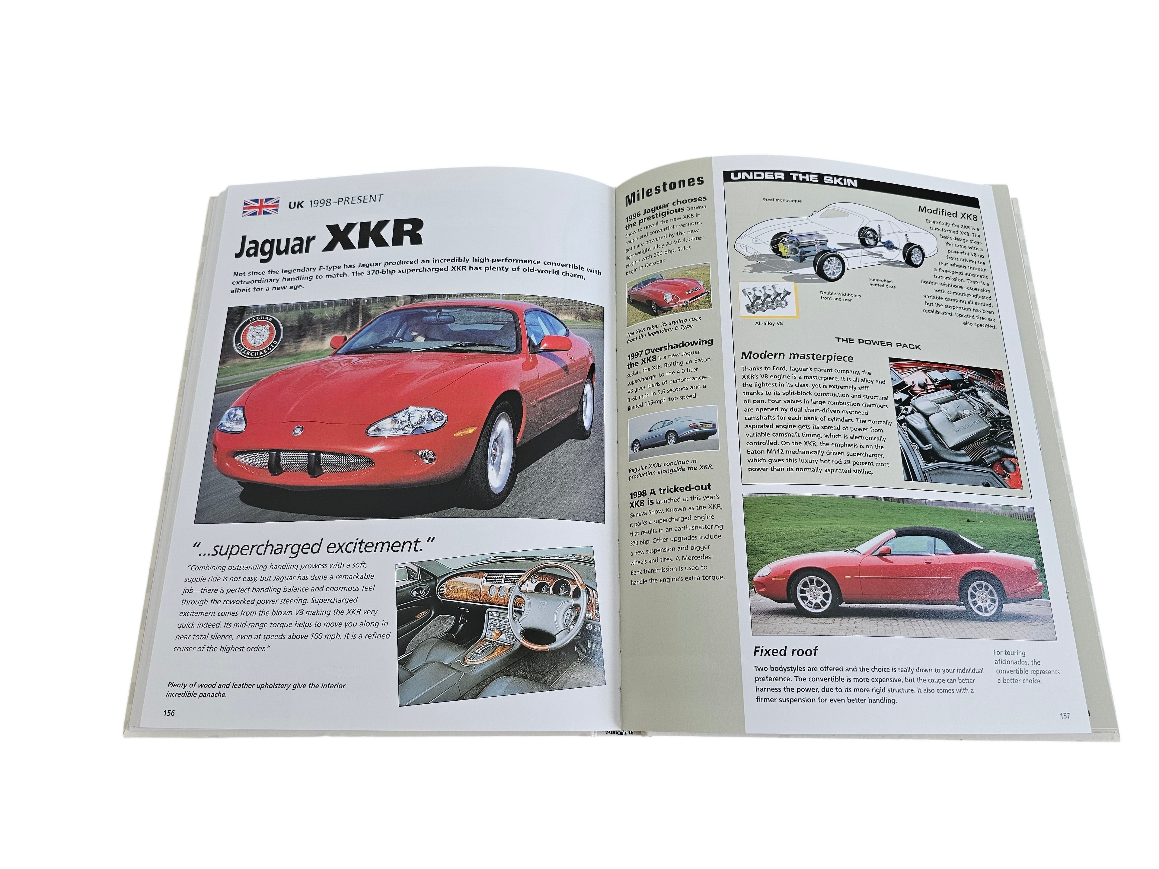 Automoto Bookshop Ultimate Performance Cars book open to a page featuring a red Jaguar XKR with technical details.