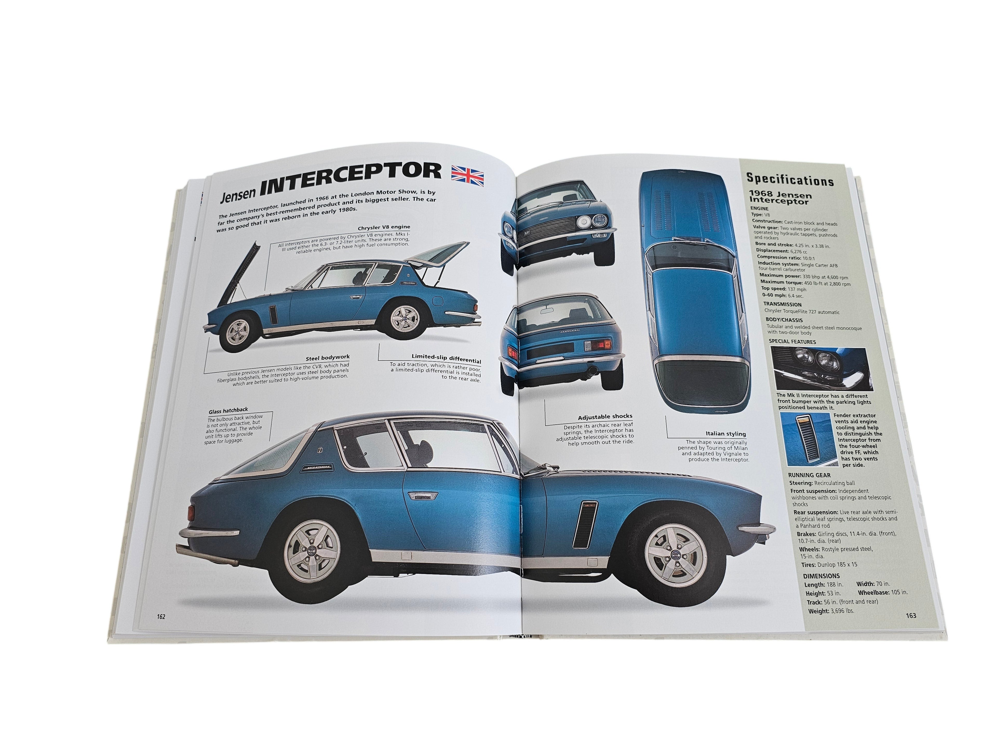 Automoto Bookshop hardcover book open to a page featuring a blue Jensen Interceptor with five-view photography