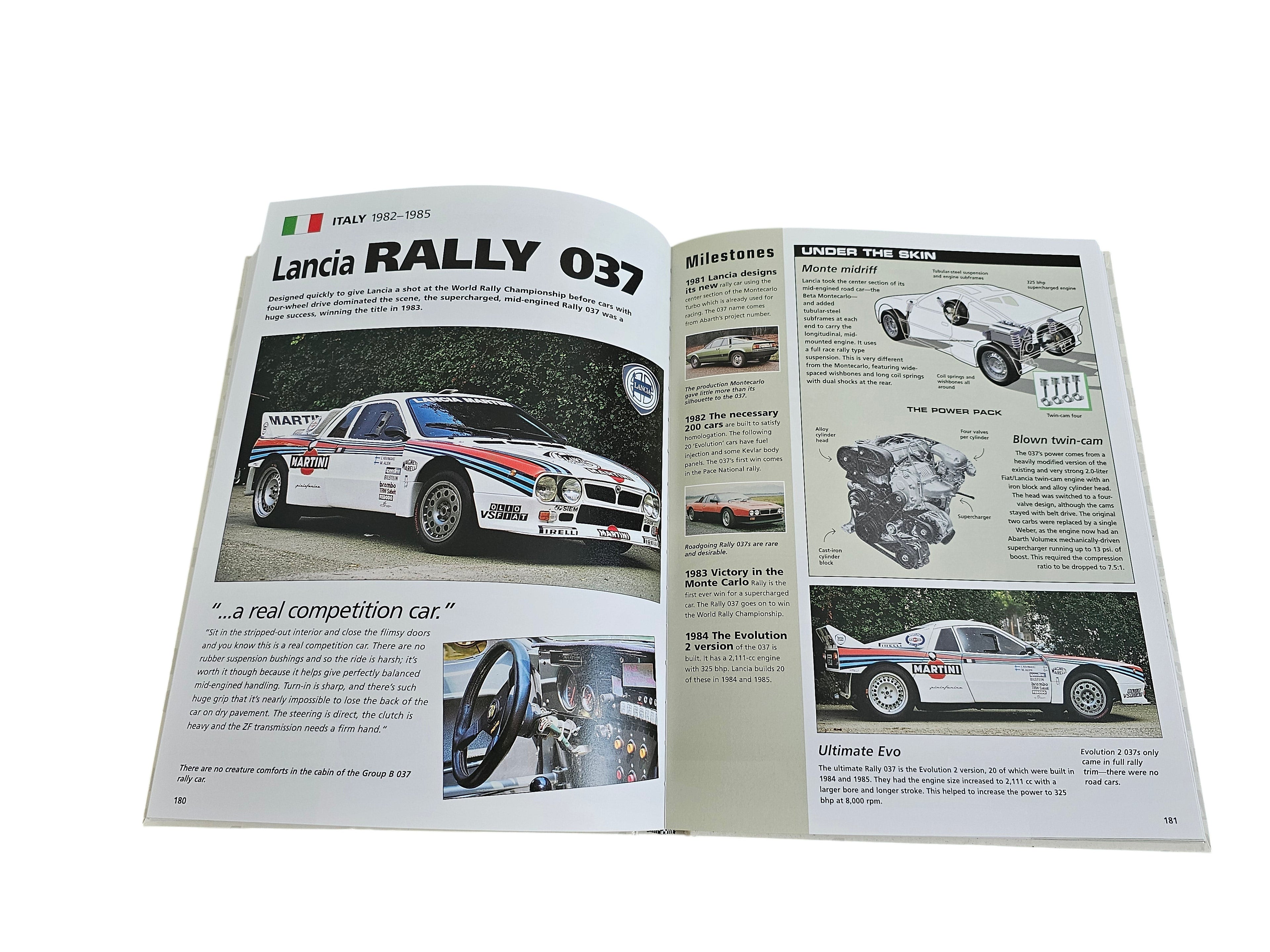 Automoto Bookshop open hardcover book showing Lancia Rally 037 technical specs and photos of the rally car