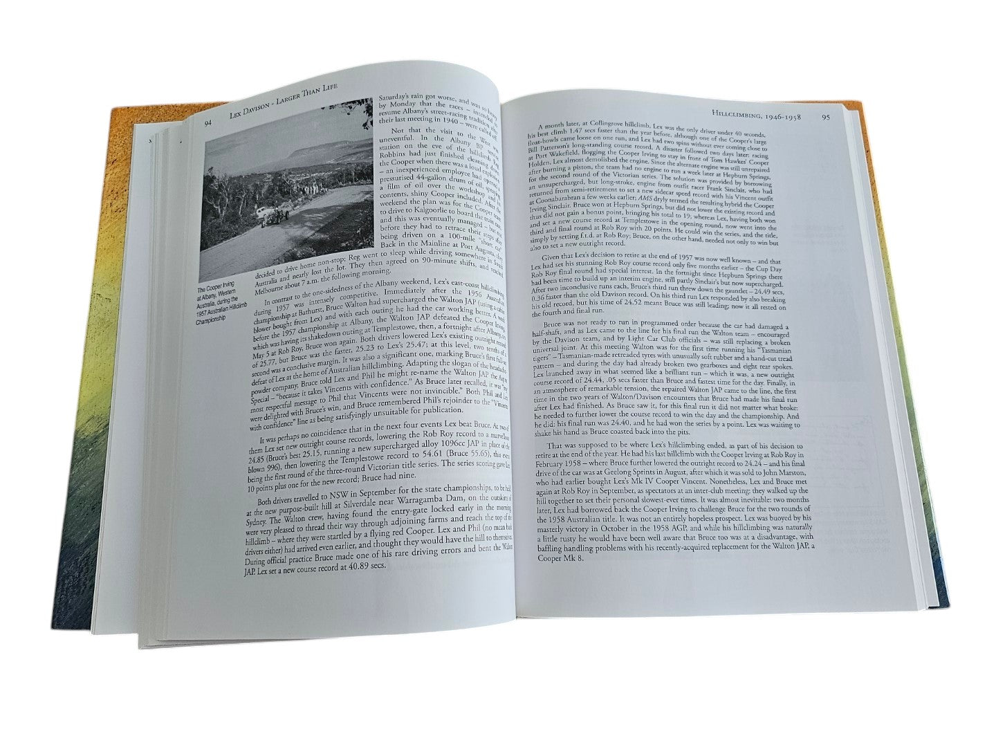 Automoto Bookshop rare biography Lex Davison Larger than Life open to pages 94 and 95 featuring historical racing text