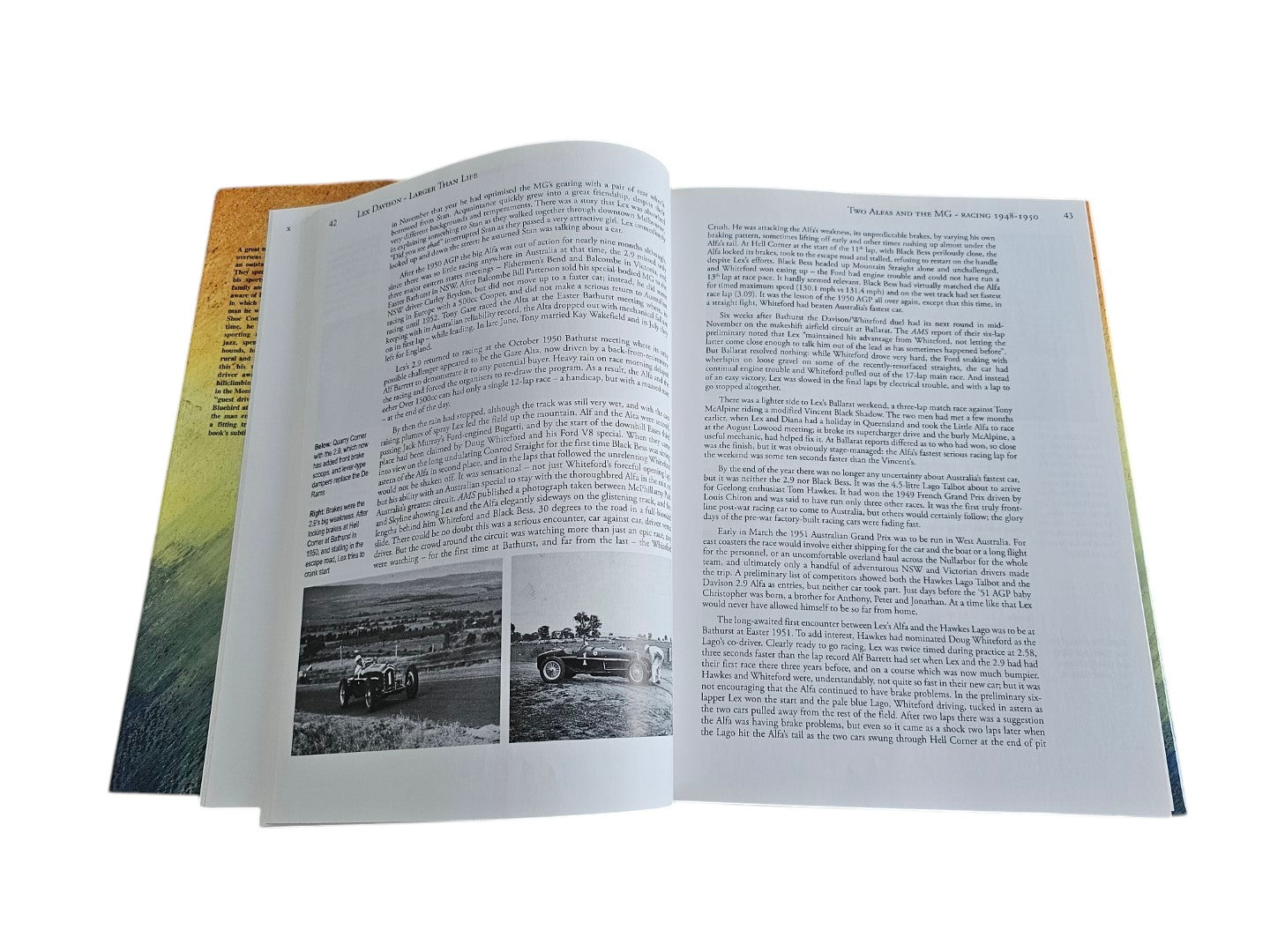 Automoto Bookshop Lex Davison Larger than Life biography open to pages featuring vintage racing car photographs