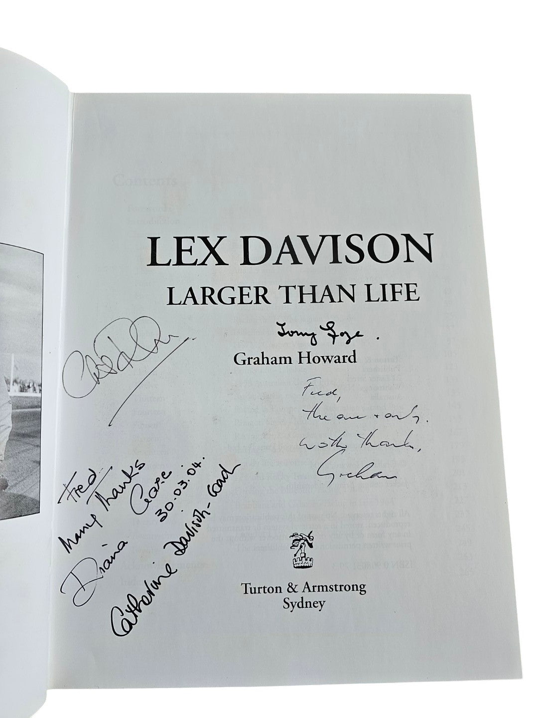 Automoto Bookshop rare Lex Davison biography signed by Graham Howard, Tony Gaze, Diana Gaze, and the Davison family.